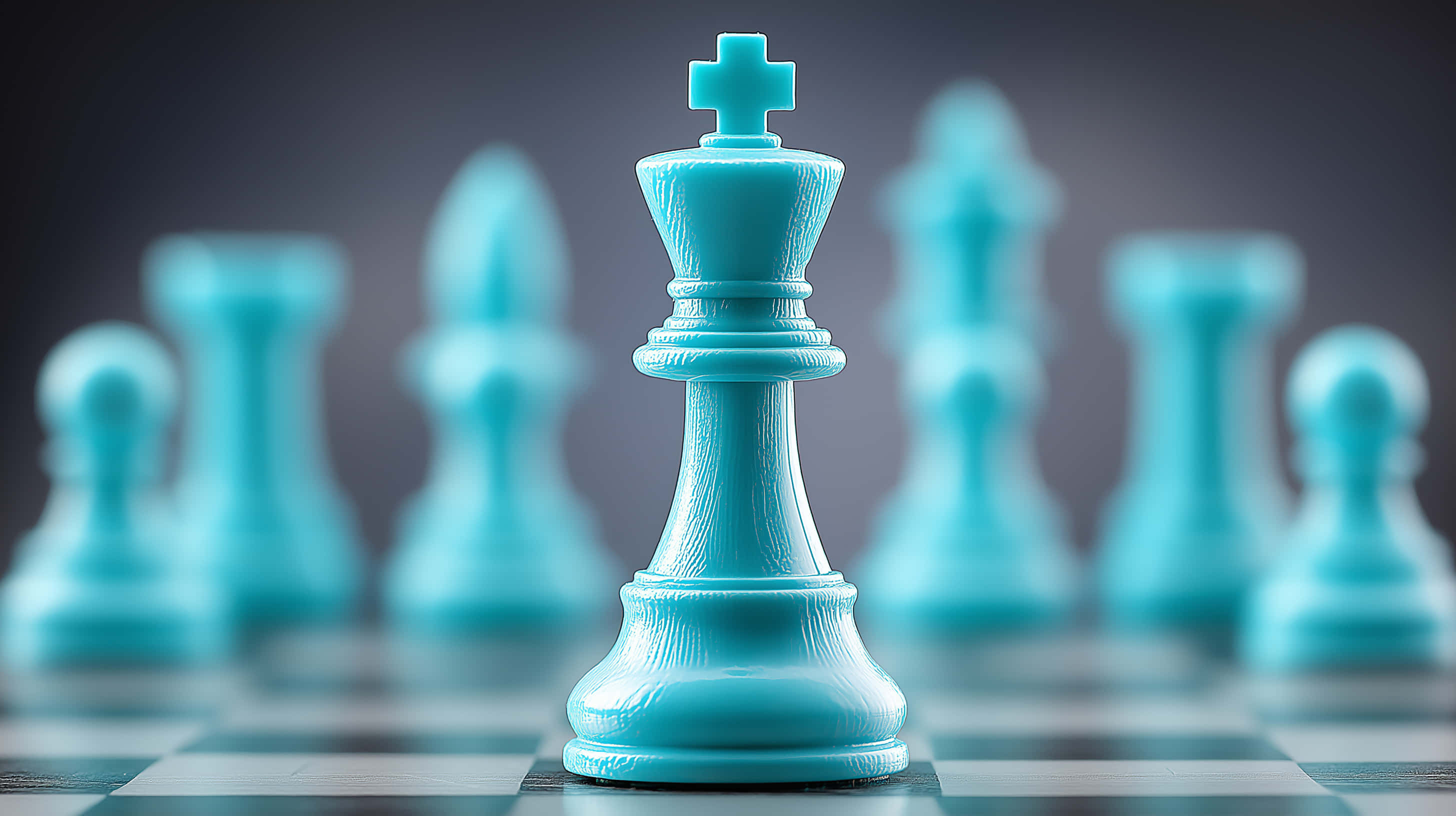 turquoise chess king, checkered board, blurred turquoise pieces, 2K Desktop Wallpaper