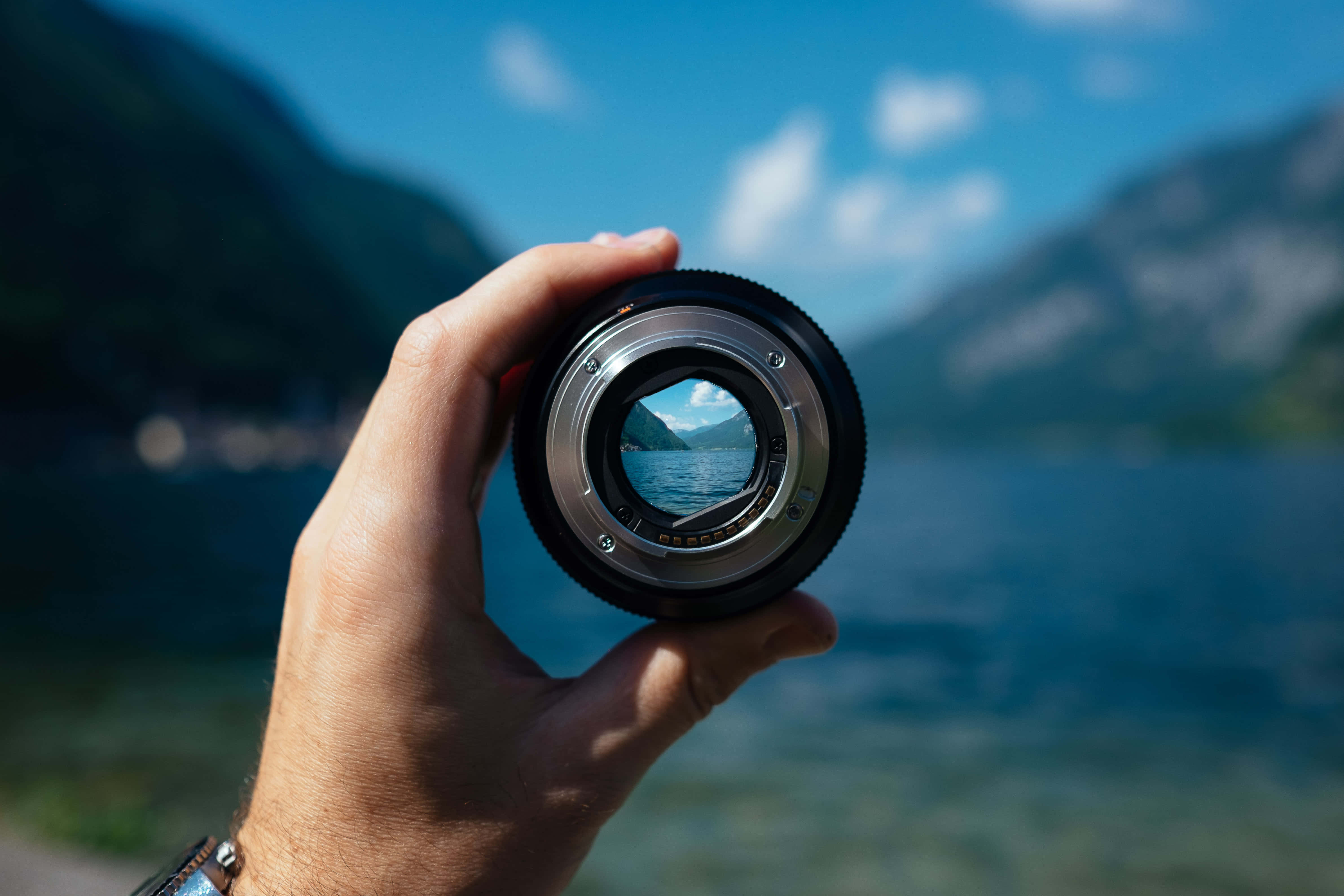 Focused Lens, camera lens, mountain lake, 4K Desktop Wallpaper