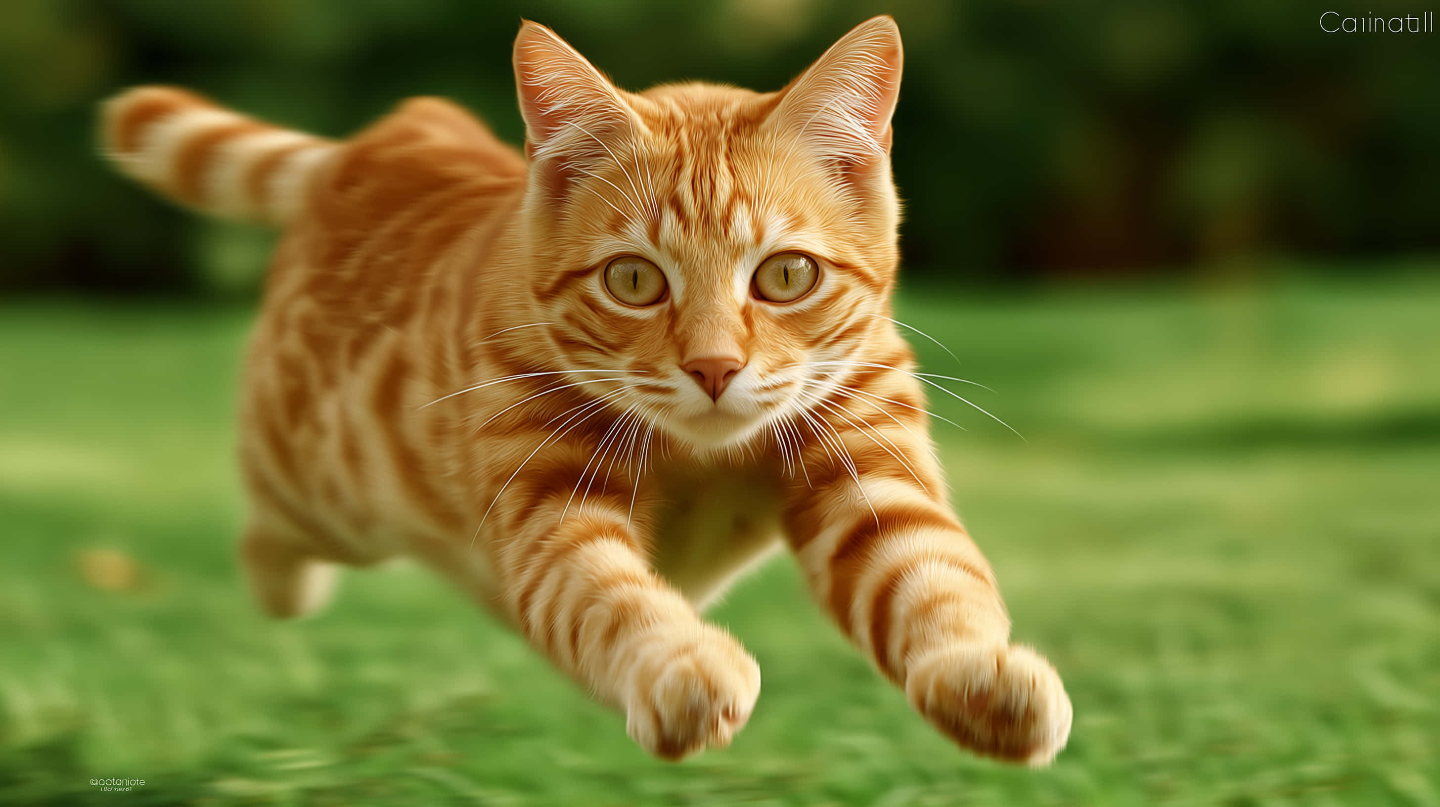 ginger cat, mid-run, vibrant green grass, 2K Desktop Wallpaper