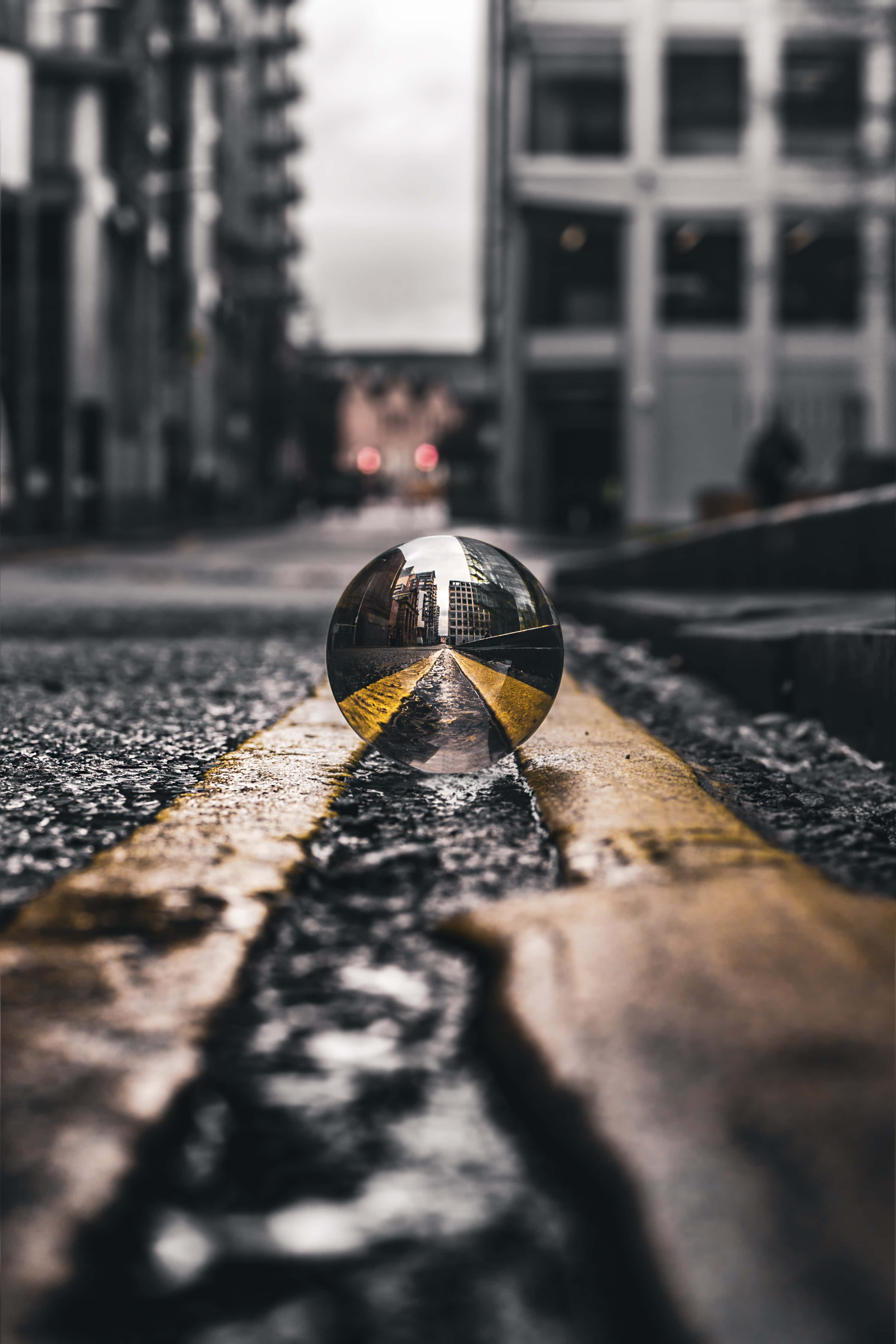 Focused Ball, glass marble, distorted city street, 4K Phone Wallpaper