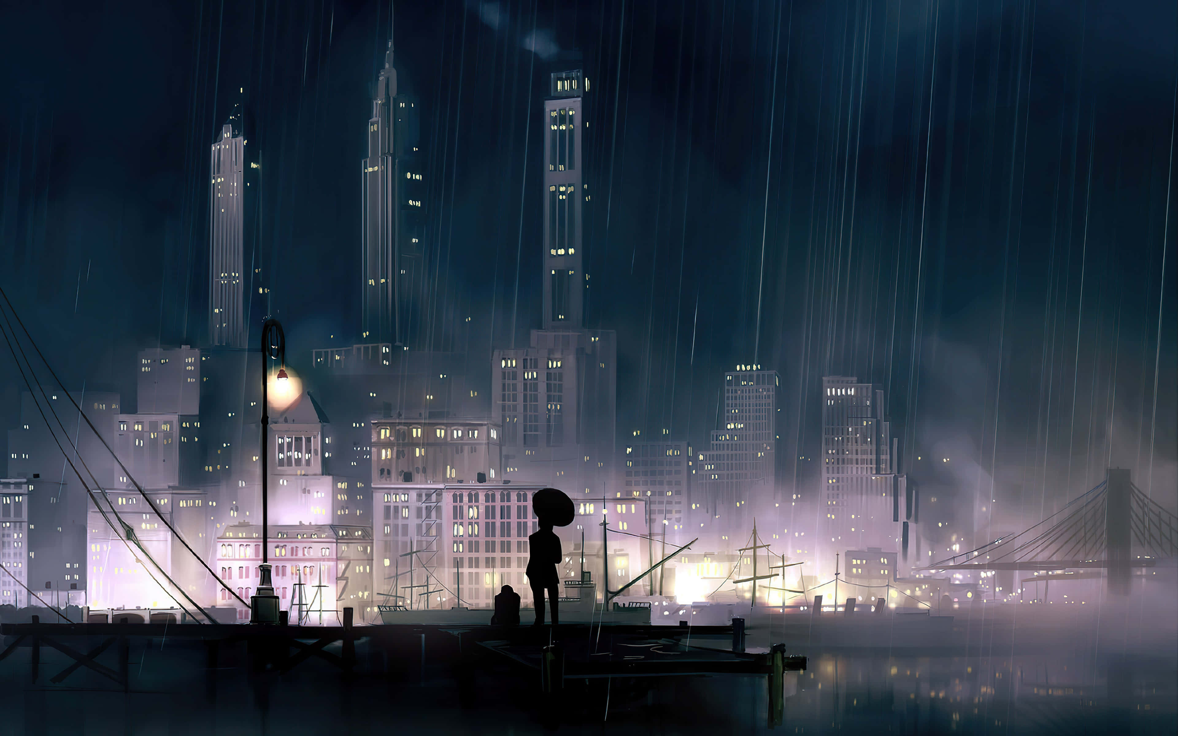 Foggy Aesthetic, dark city 4k, rain-slicked pier, 4K Desktop Wallpaper