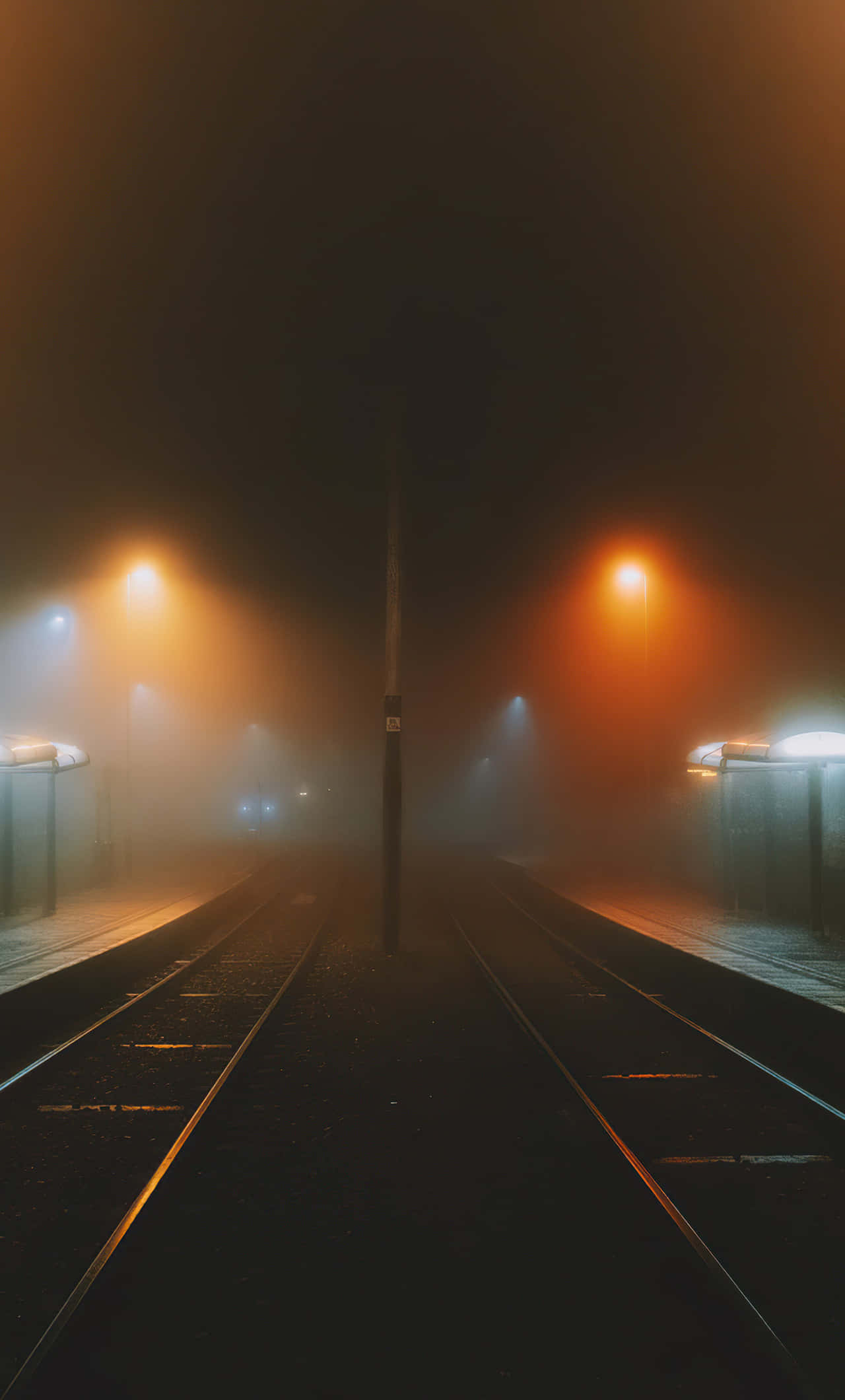 foggy aesthetic, foggy night train station, glowing orange streetlights, Full HD Phone Wallpaper