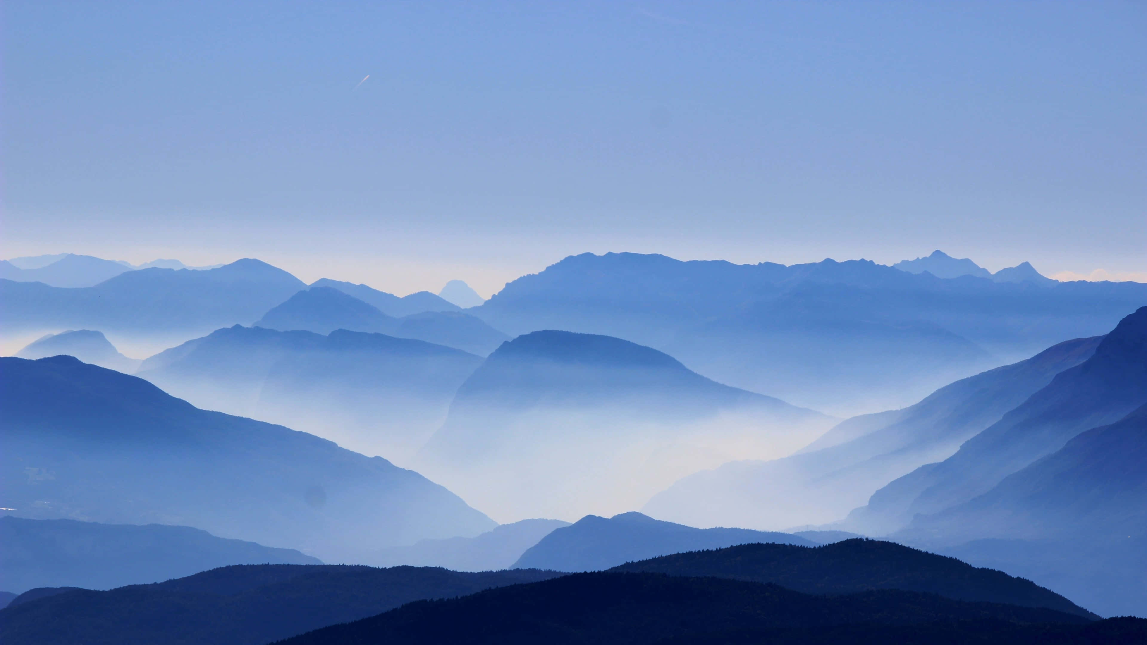 Cool Nature, foggy mountain range, serene blue sky, 4K Desktop Wallpaper