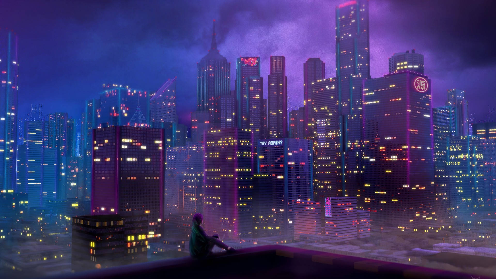 Foggy Night City, neon-drenched cyberpunk cityscape, purple twilight sky, Full HD Desktop Wallpaper