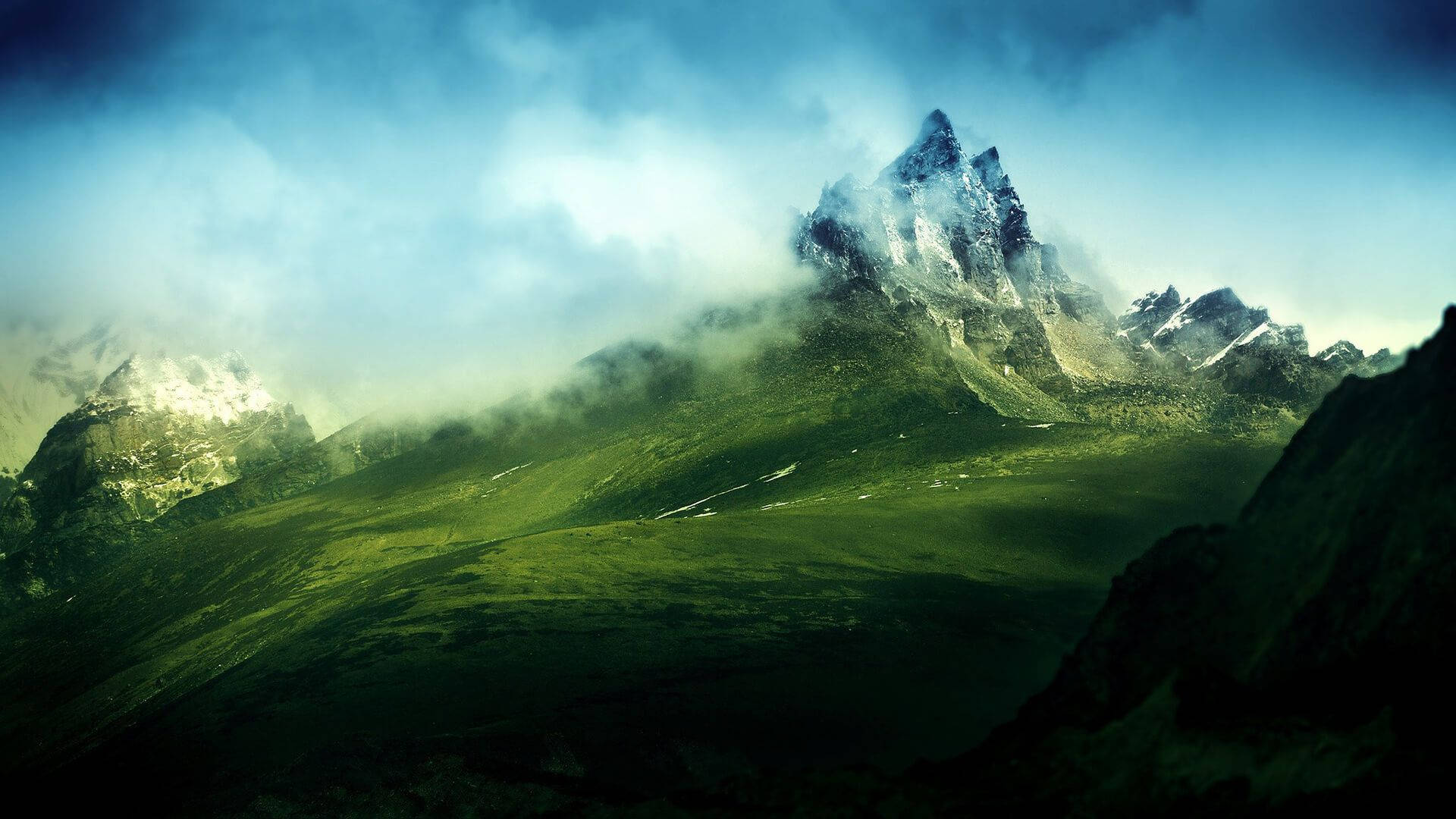 foggy, green mountain, snow-capped mountain peaks, Full HD Desktop Wallpaper