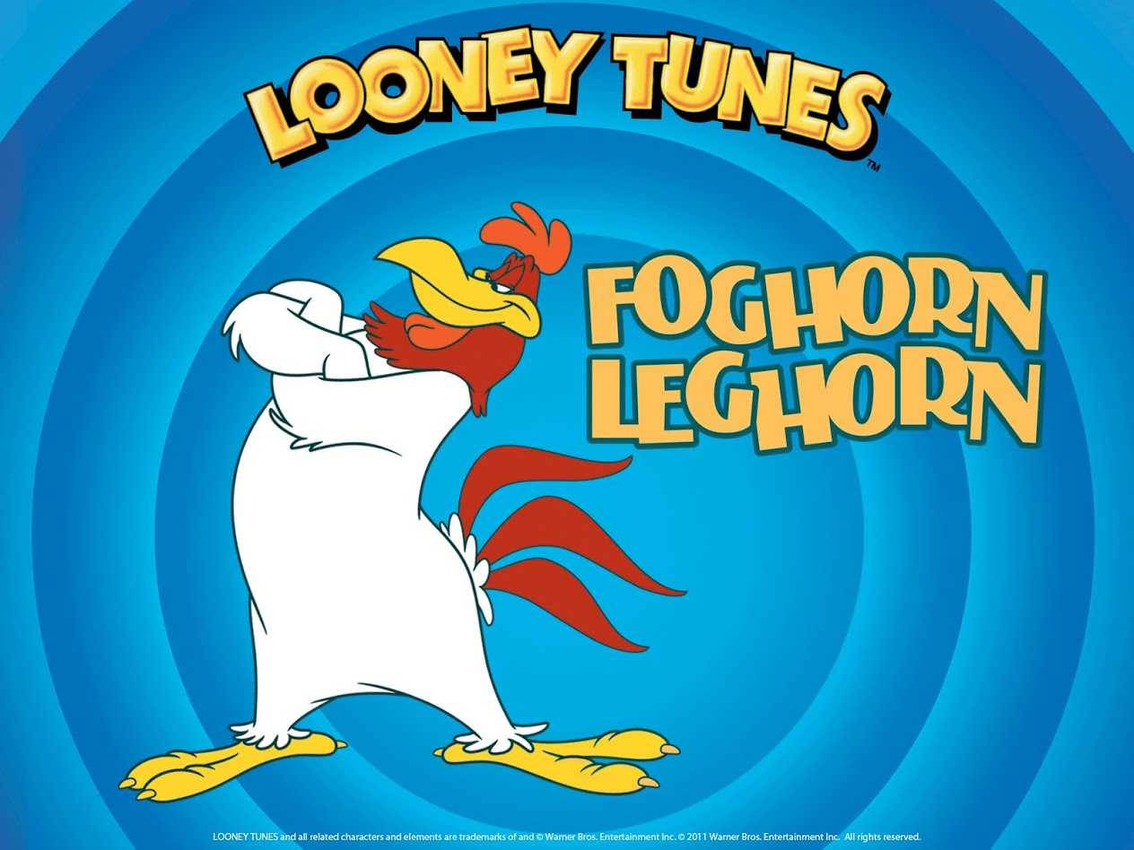 Foghorn Leghorn, blue spiral background, bold yellow text, SD Desktop Wallpaper