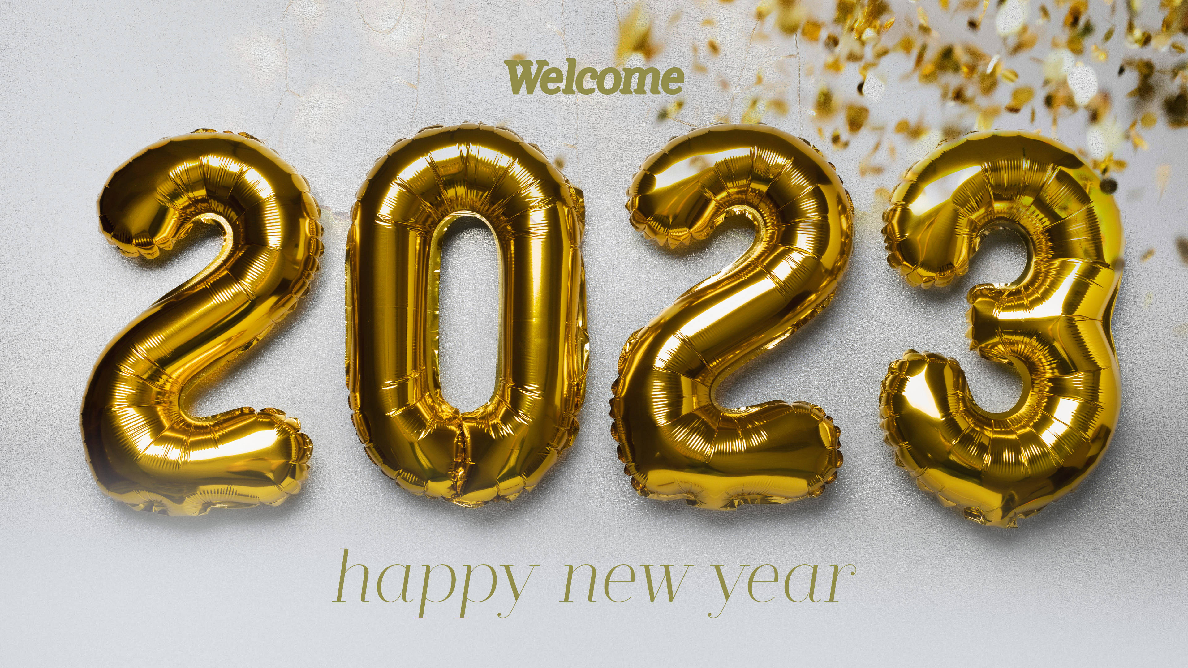 2023, golden foil balloons, light gray backdrop, 4K Desktop Wallpaper