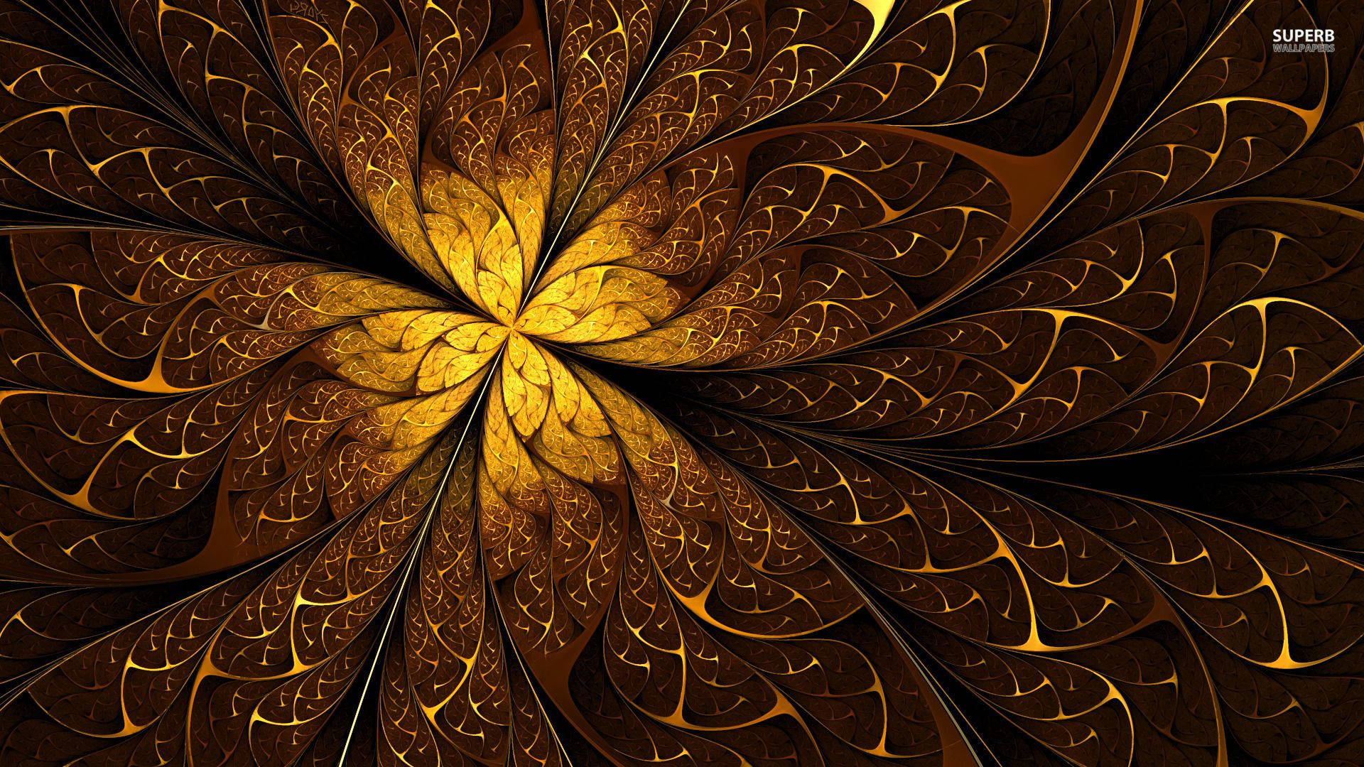 gold foil, fractal flower, deep brown background, Full HD Desktop Wallpaper