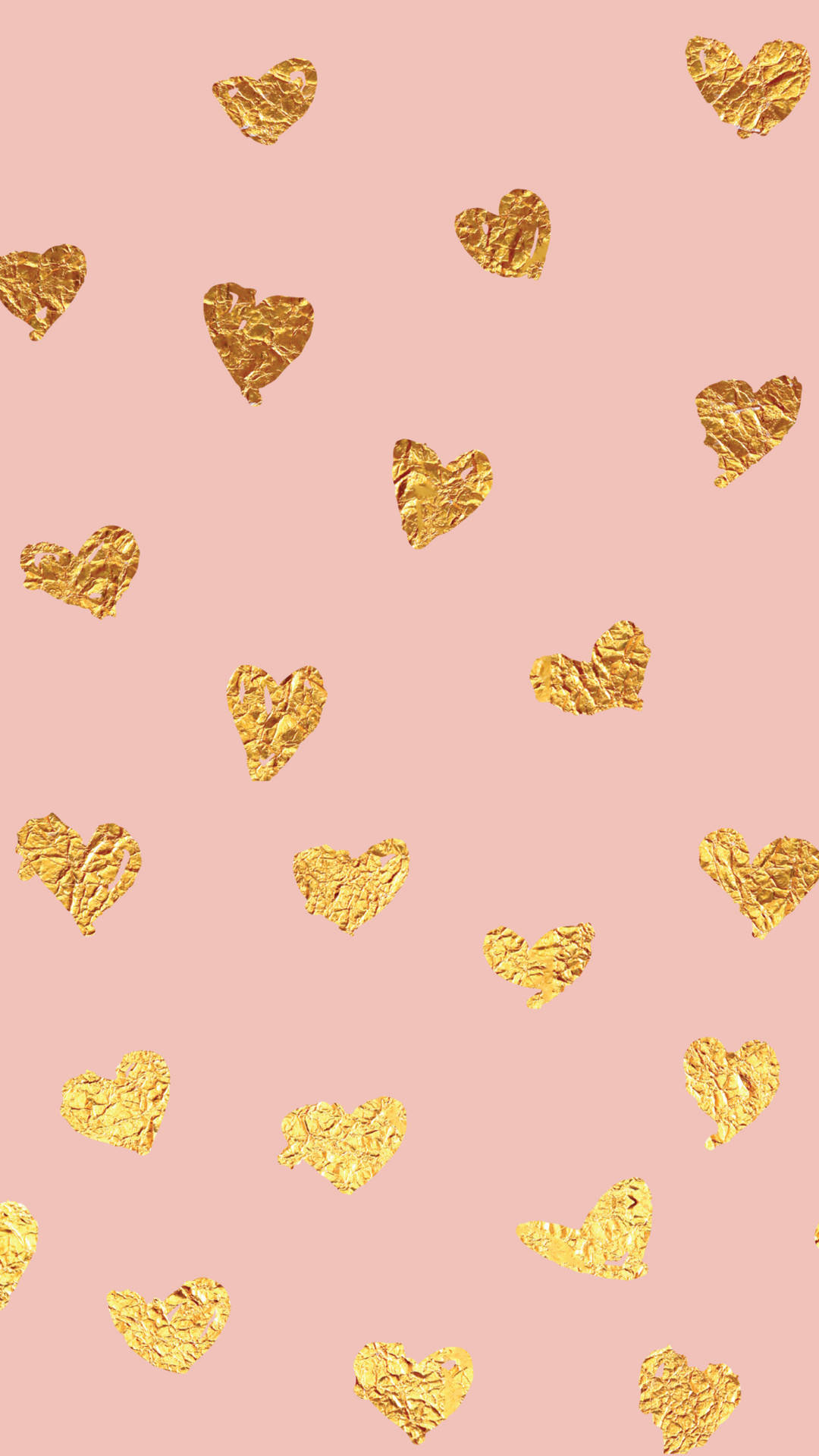 gold foil, heart shapes, soft pink background, Full HD Phone Wallpaper