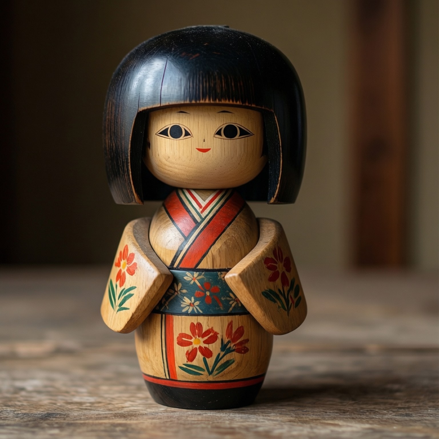 kokeshi doll, black bobbed hair, floral kimono, HD Desktop Wallpaper
