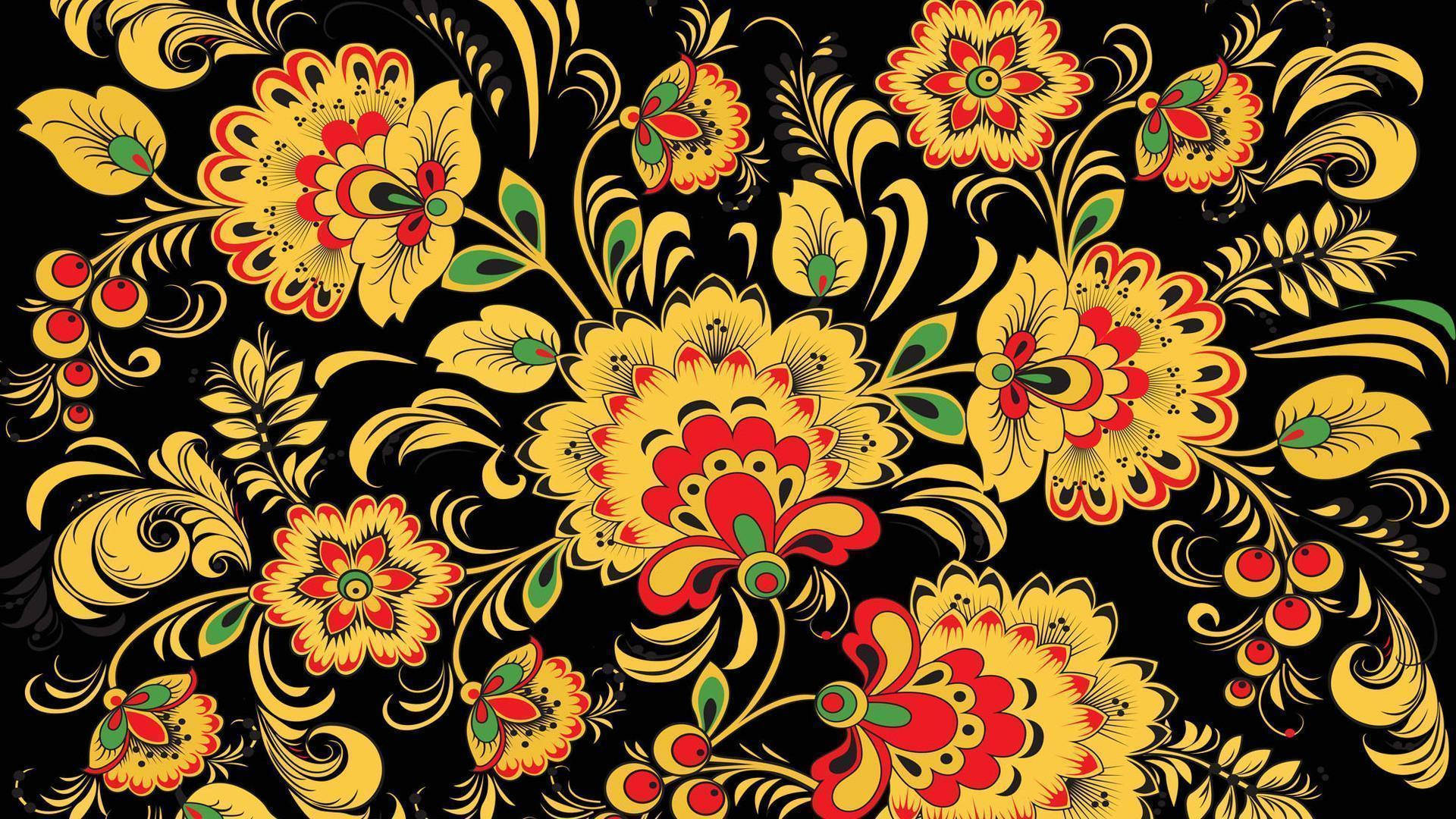 Russian, yellow flowered folk art, vibrant yellow, Full HD Desktop Wallpaper