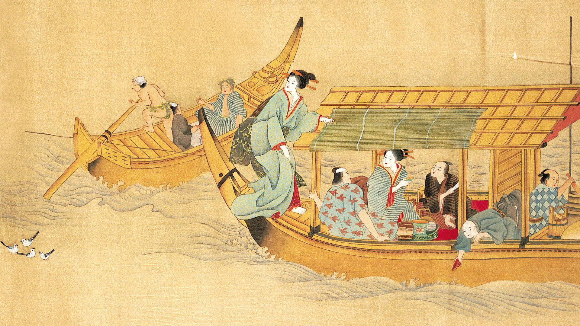 Ancient Japanese Folk Art, Traditional Japanese scroll painting, wooden boat, Full HD Desktop Wallpaper