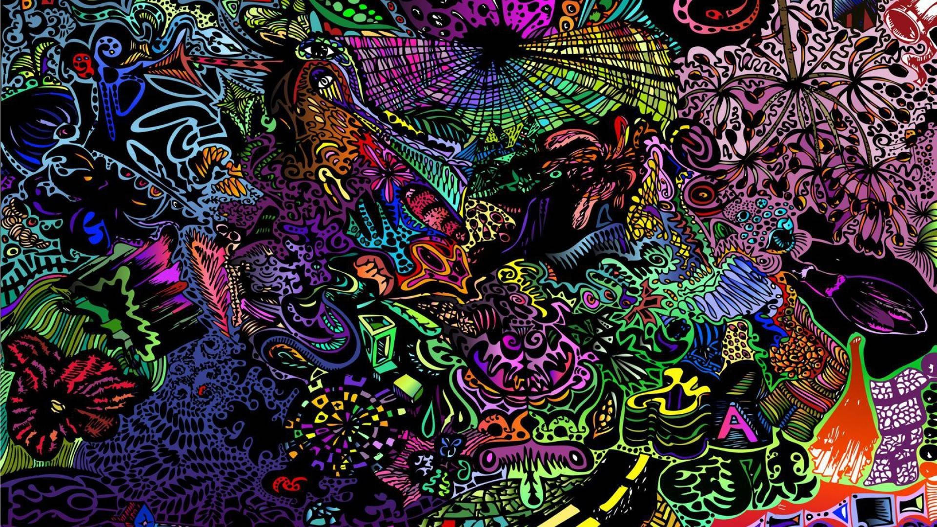 Digital Trippy Modern Folk Art, neon colors, intricate patterns, Full HD Desktop Wallpaper