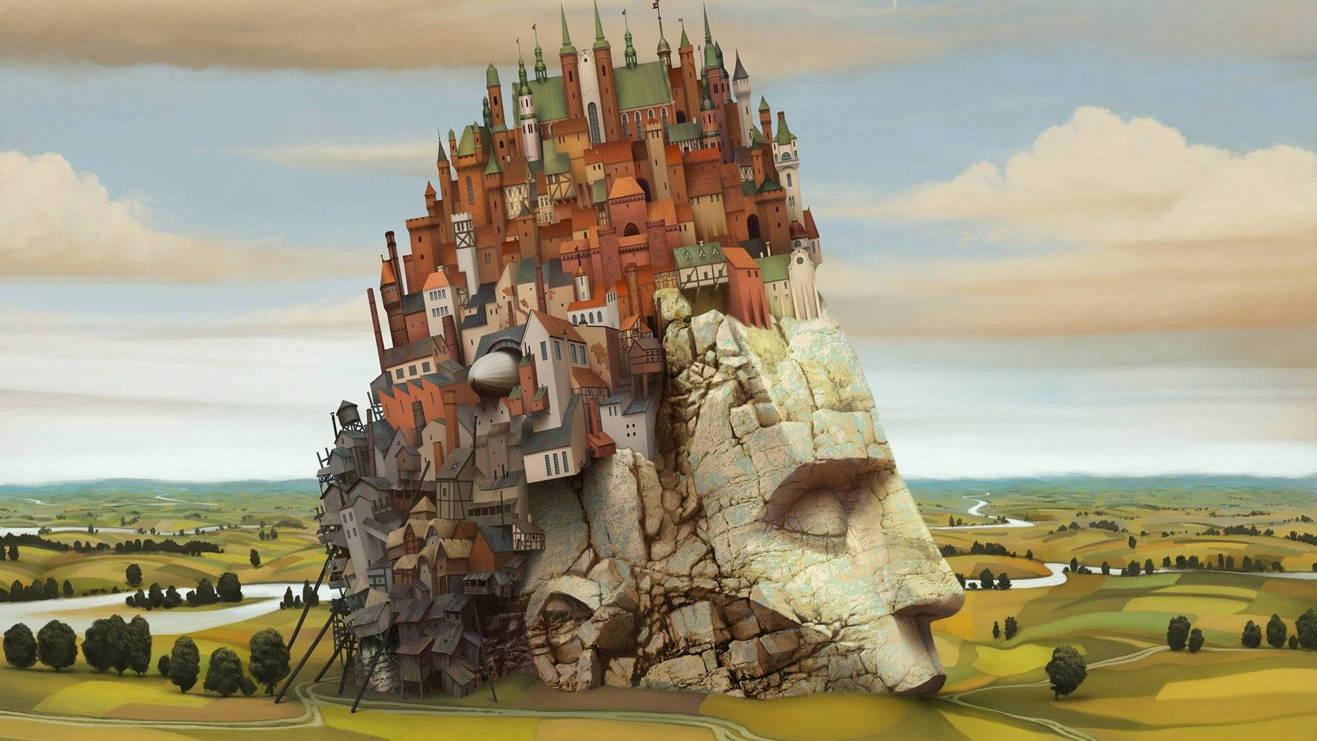 giant stone head, fantastical castle, pastoral landscape, Full HD Desktop Wallpaper
