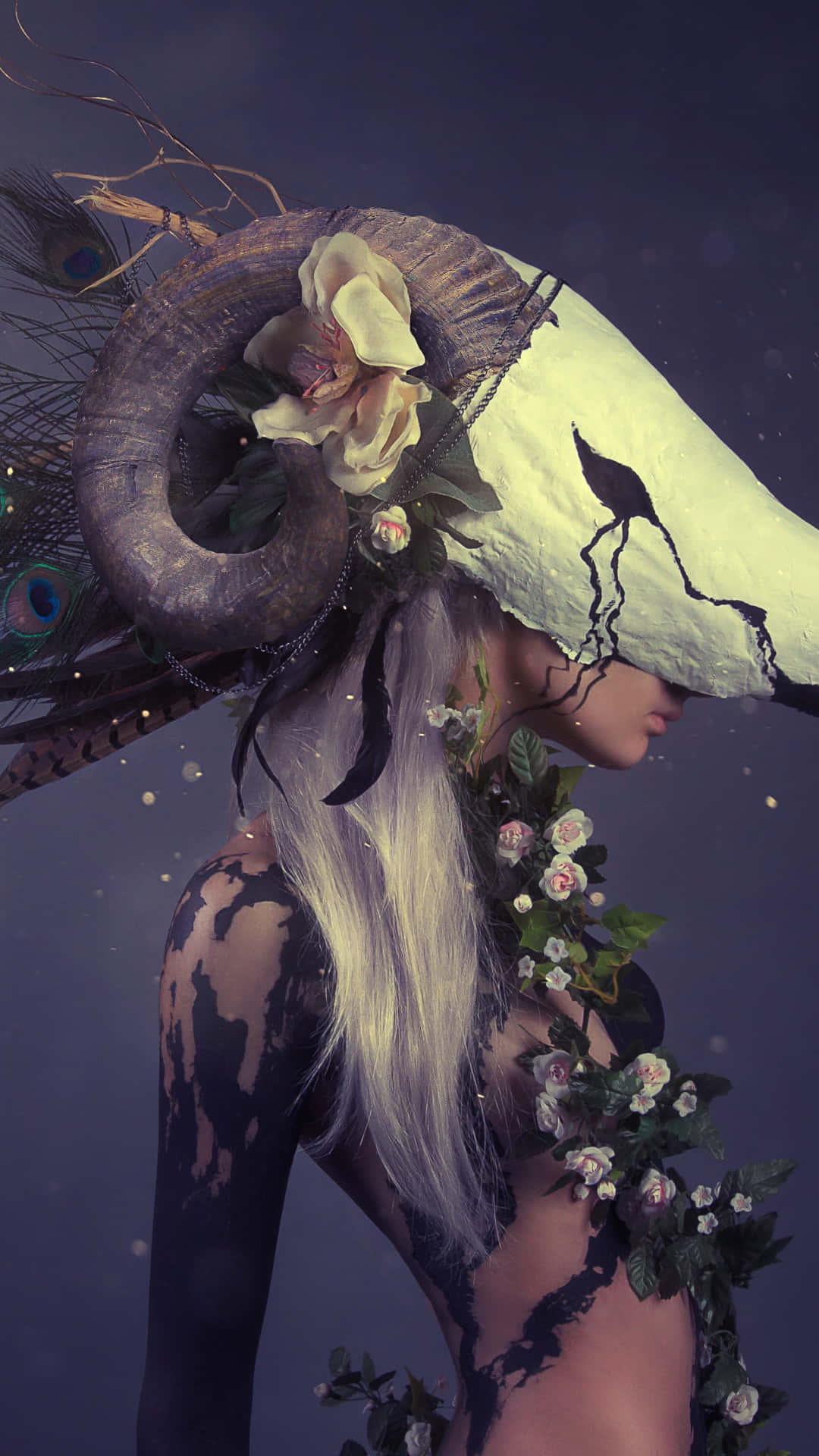 ram-horn headdress, peacock feathers, roses, Full HD Phone Wallpaper