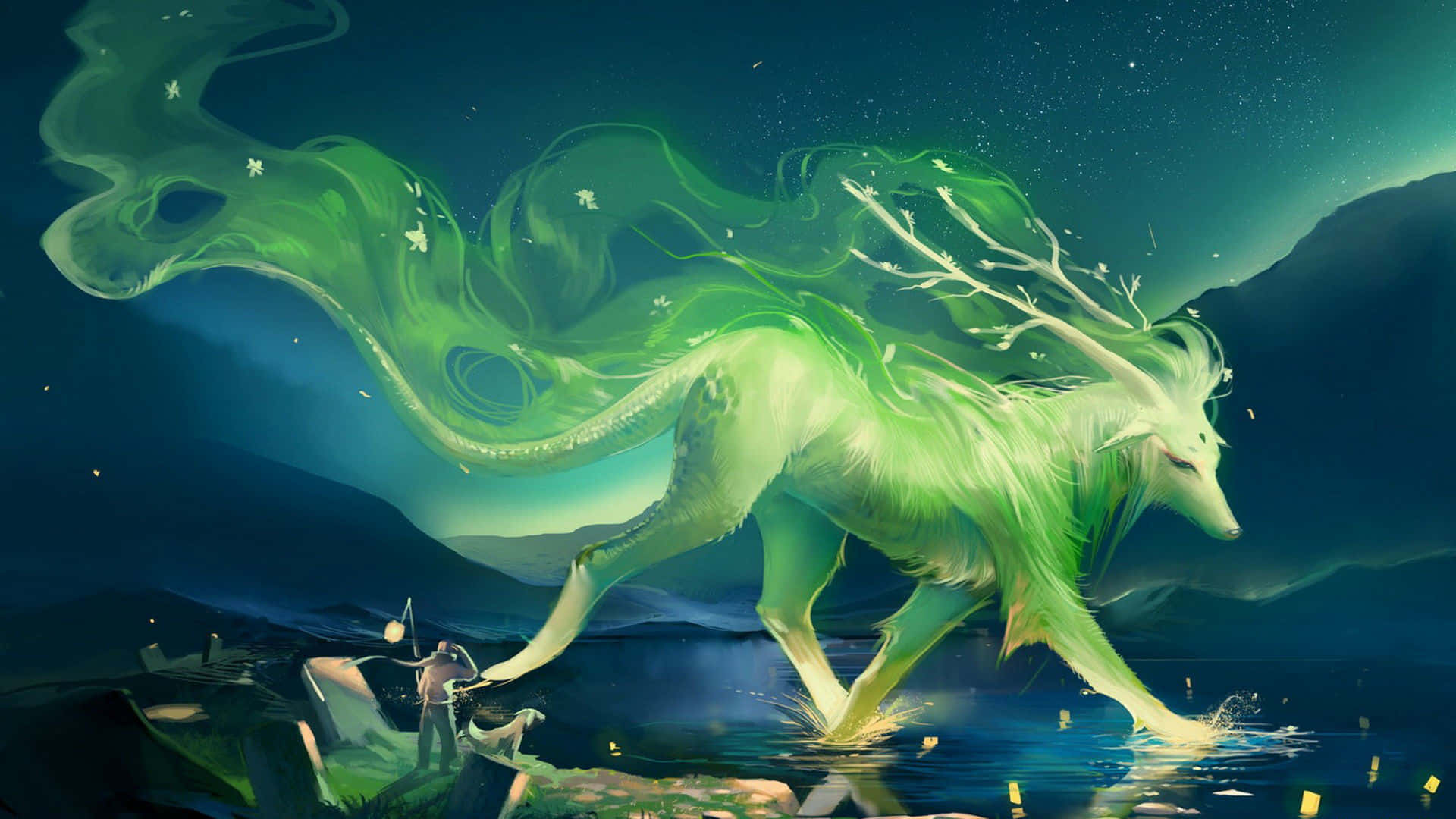 myths, 1920 x 1080, luminous green mythical fox, Full HD Desktop Wallpaper