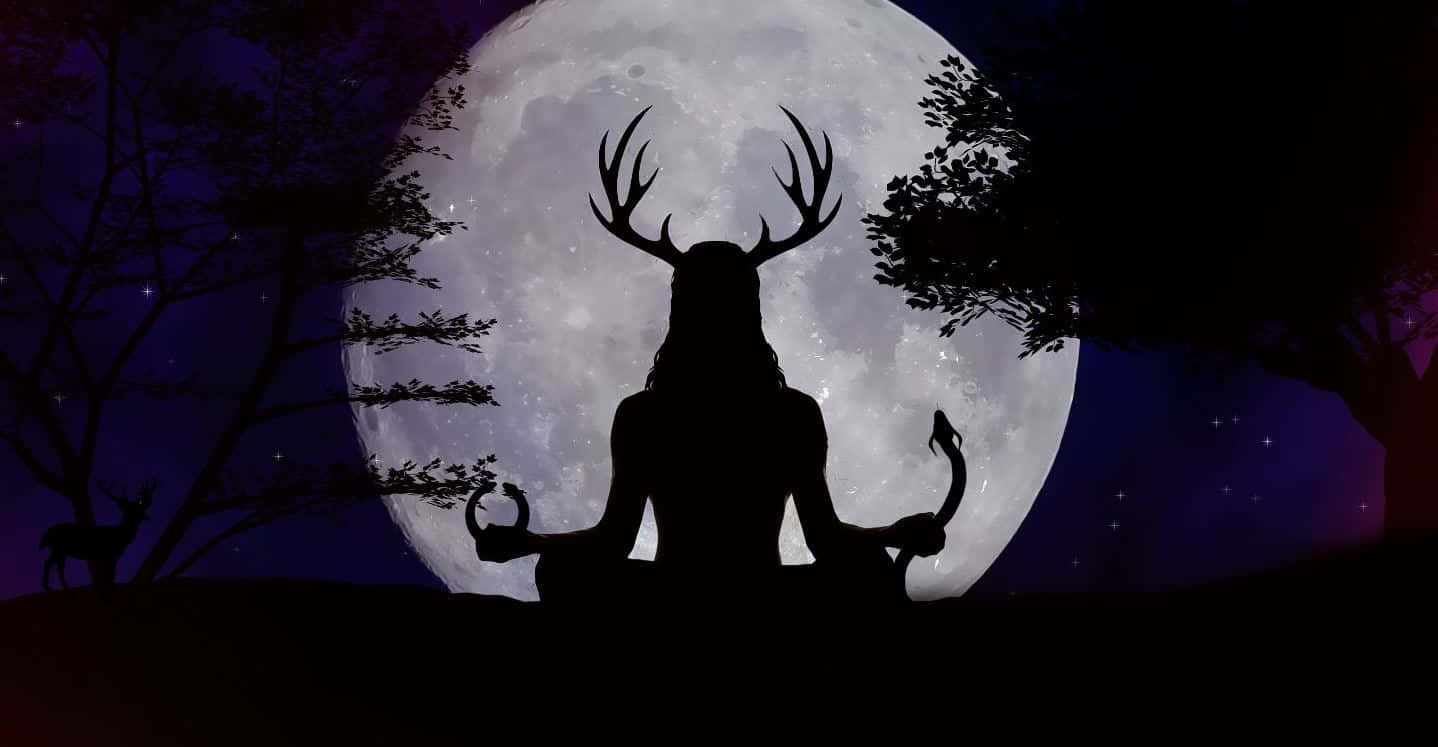 pagan, deer-headed figure, giant moon, HD Desktop Wallpaper
