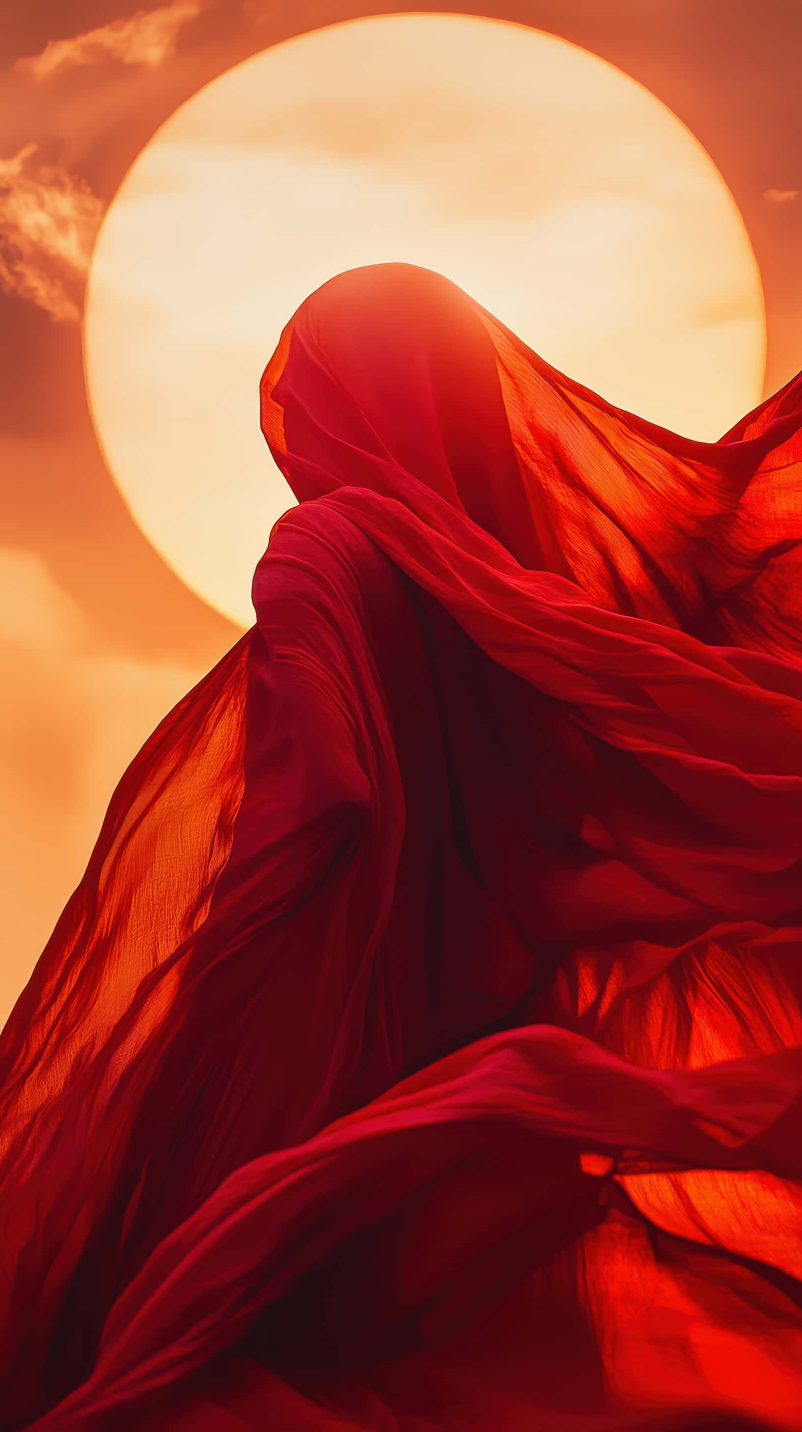 glowing orange sun, flowing crimson fabric, silhouetted figure, 2K Phone Wallpaper