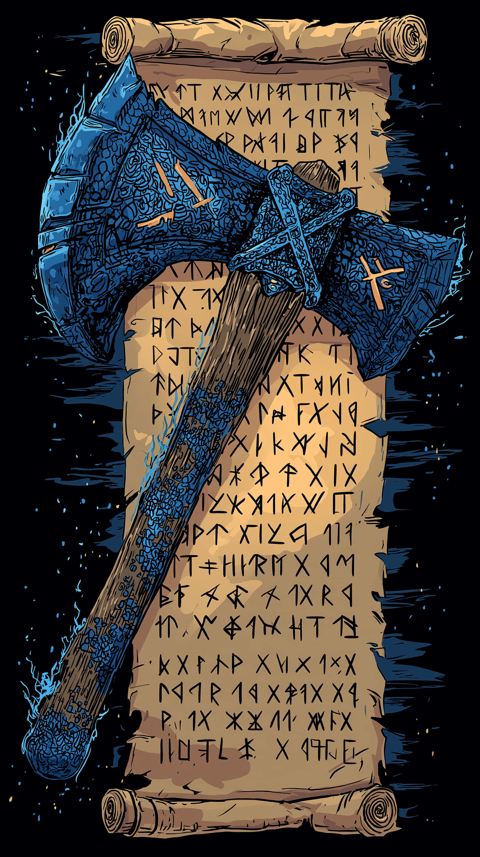 mythical axe, ancient scroll, runic inscriptions, 2K Phone Wallpaper