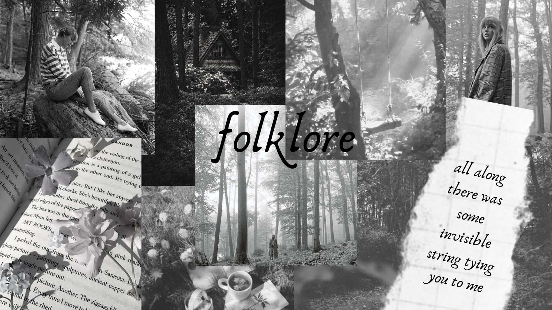 Folklore Aesthetic, black and white collage, forest scenes, Full HD Desktop Wallpaper