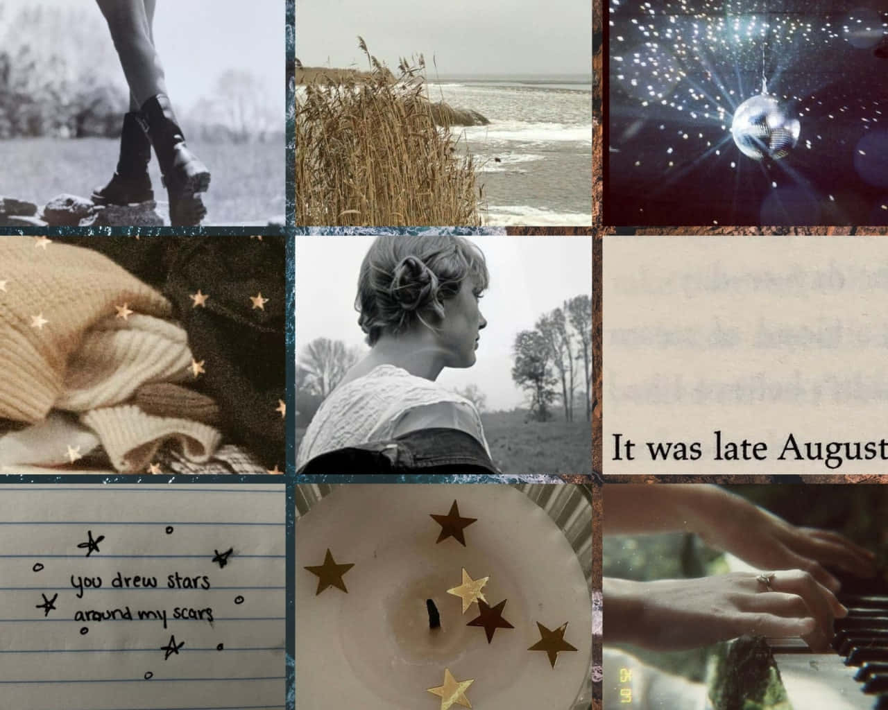 Folklore Aesthetic Collage, boots on rocks, coastal reeds, HD Desktop Wallpaper