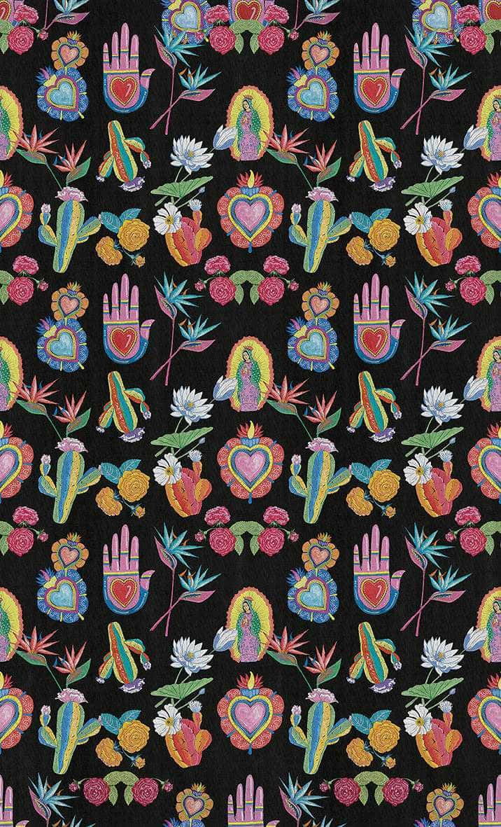 colorful Mexican folk art pattern, hearts, cacti, SD Phone Wallpaper