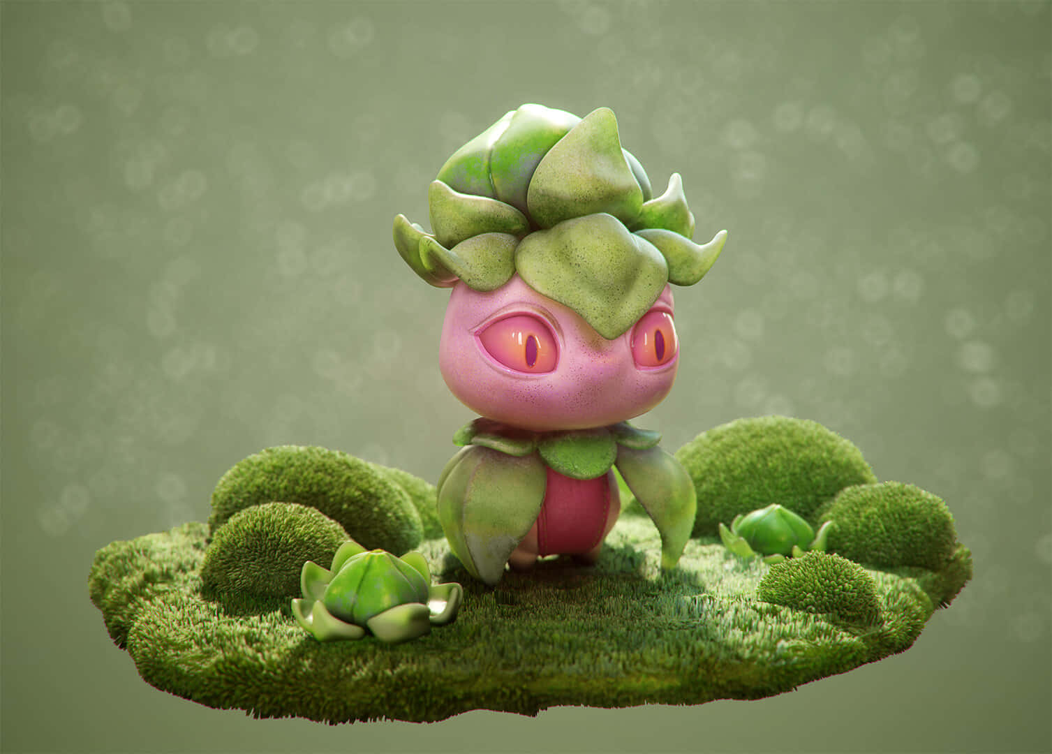 Fomantis, green, mossy floating island, HD Desktop Wallpaper
