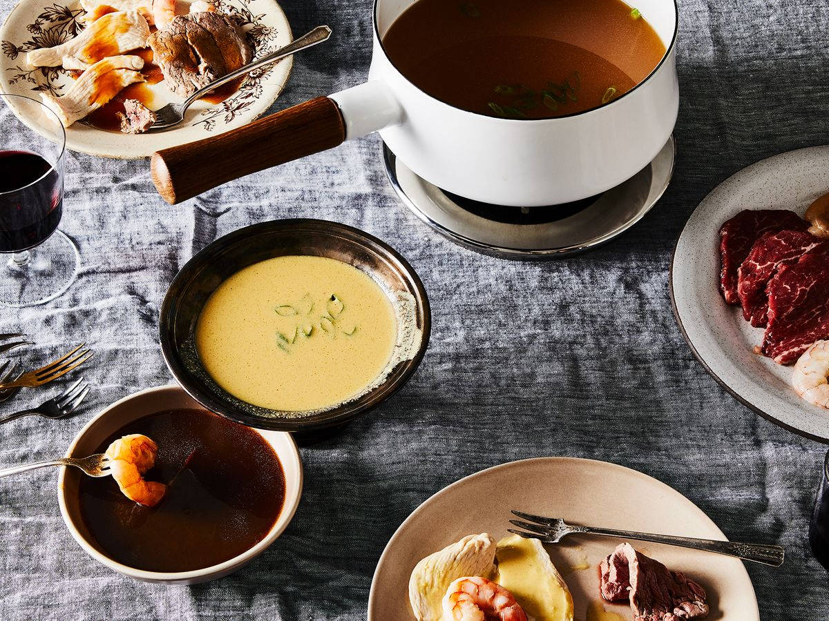 fondue, mustard broth, ceramic bowls, SD Desktop Wallpaper