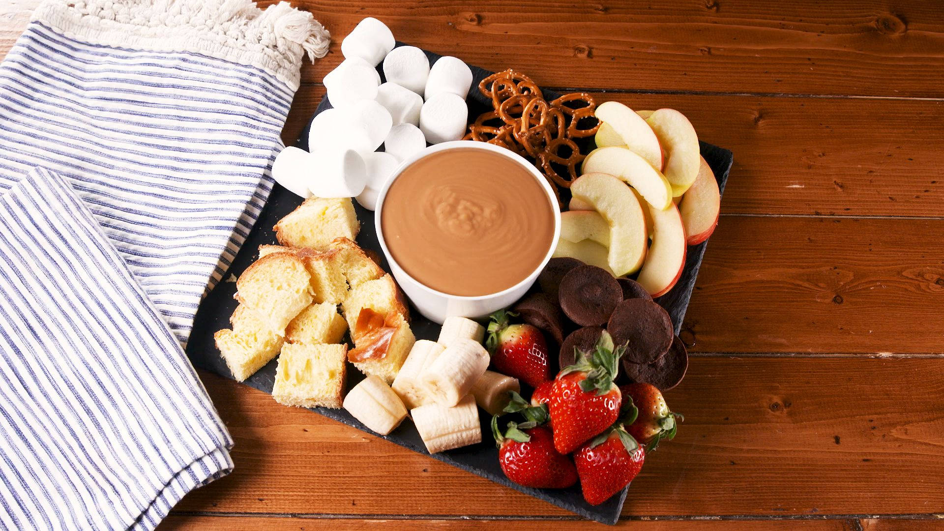 chocolate fondue, dark slate tray, marshmallows, Full HD Desktop Wallpaper