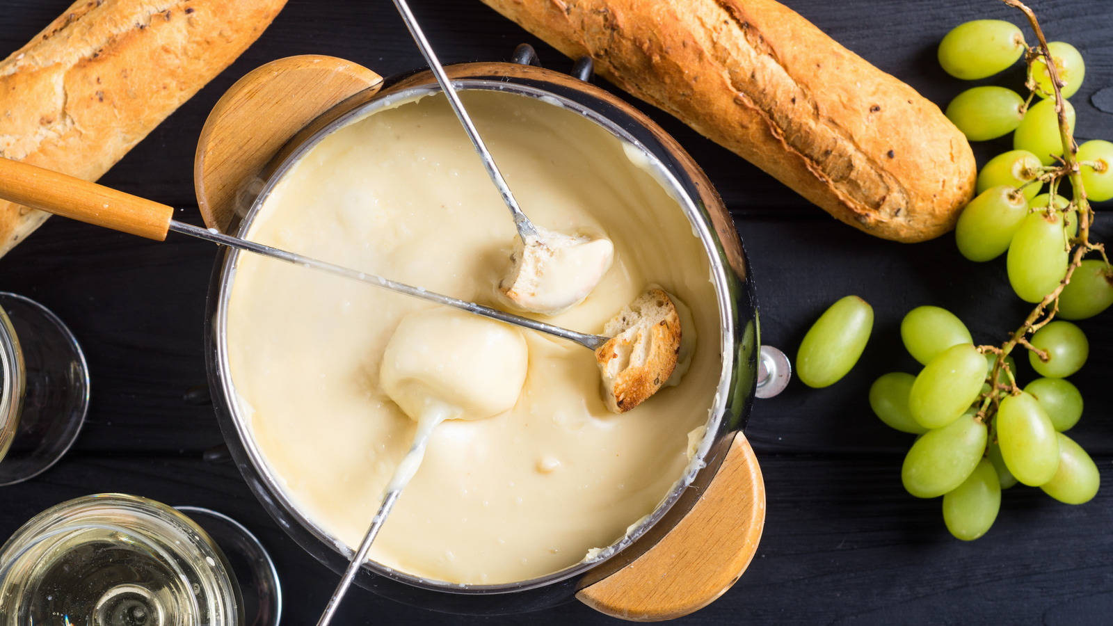 fondue, French baguette, wooden-handled pot, HD Desktop Wallpaper