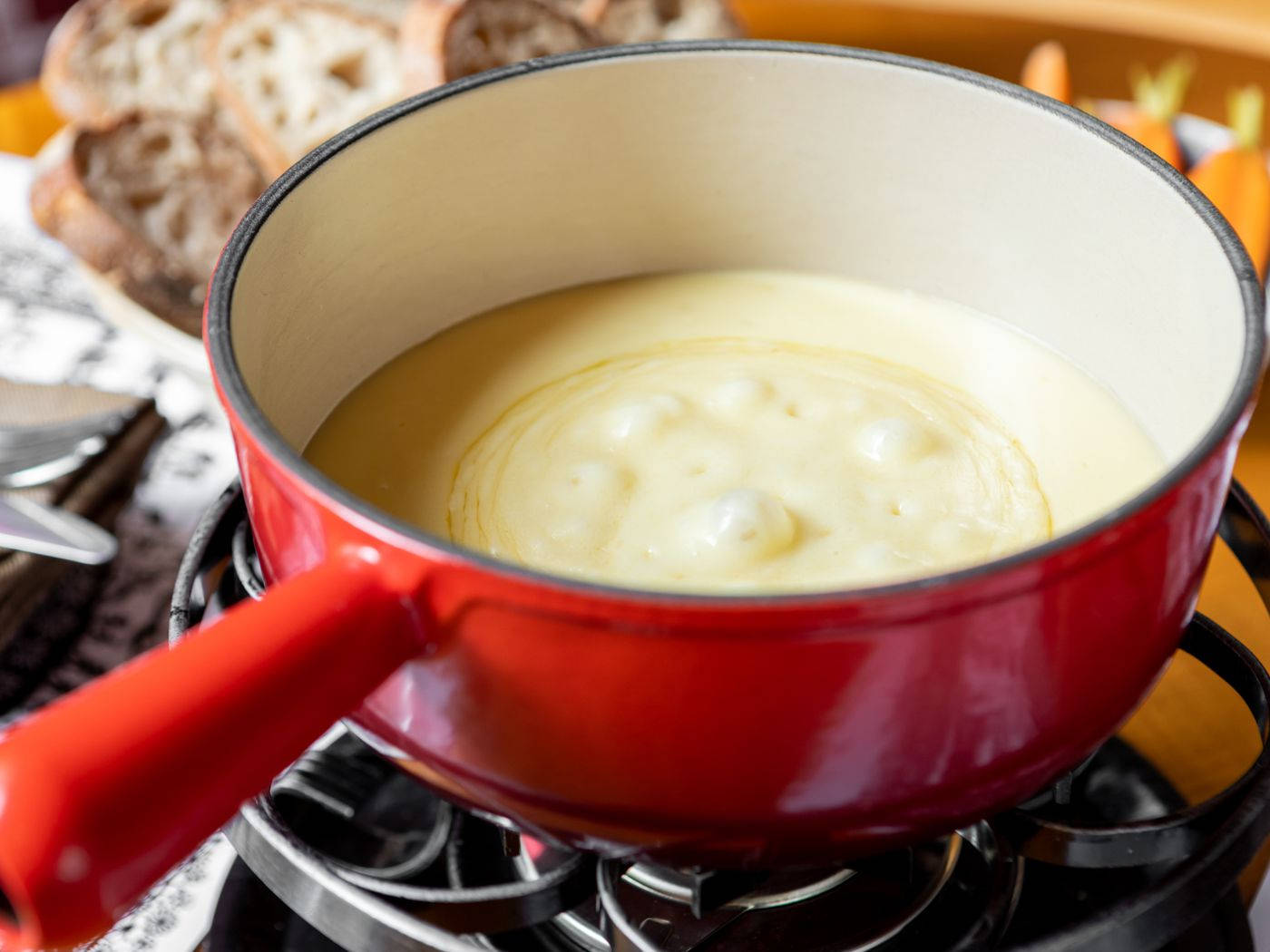 bubbling cheese fondue, vibrant red pot, creamy melted cheese fondue, HD Desktop Wallpaper
