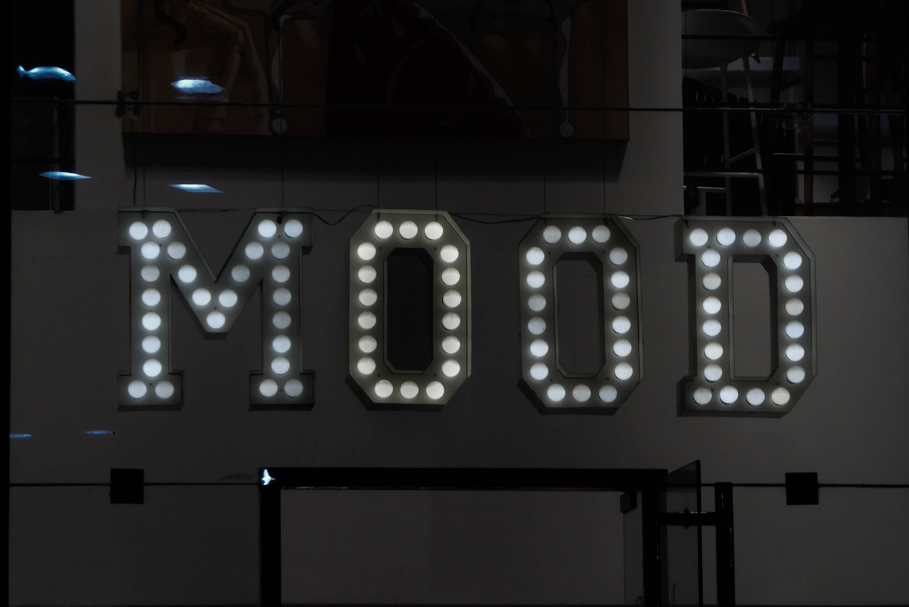 MOOD, glowing white marquee sign, circular bulbs, 2K Desktop Wallpaper