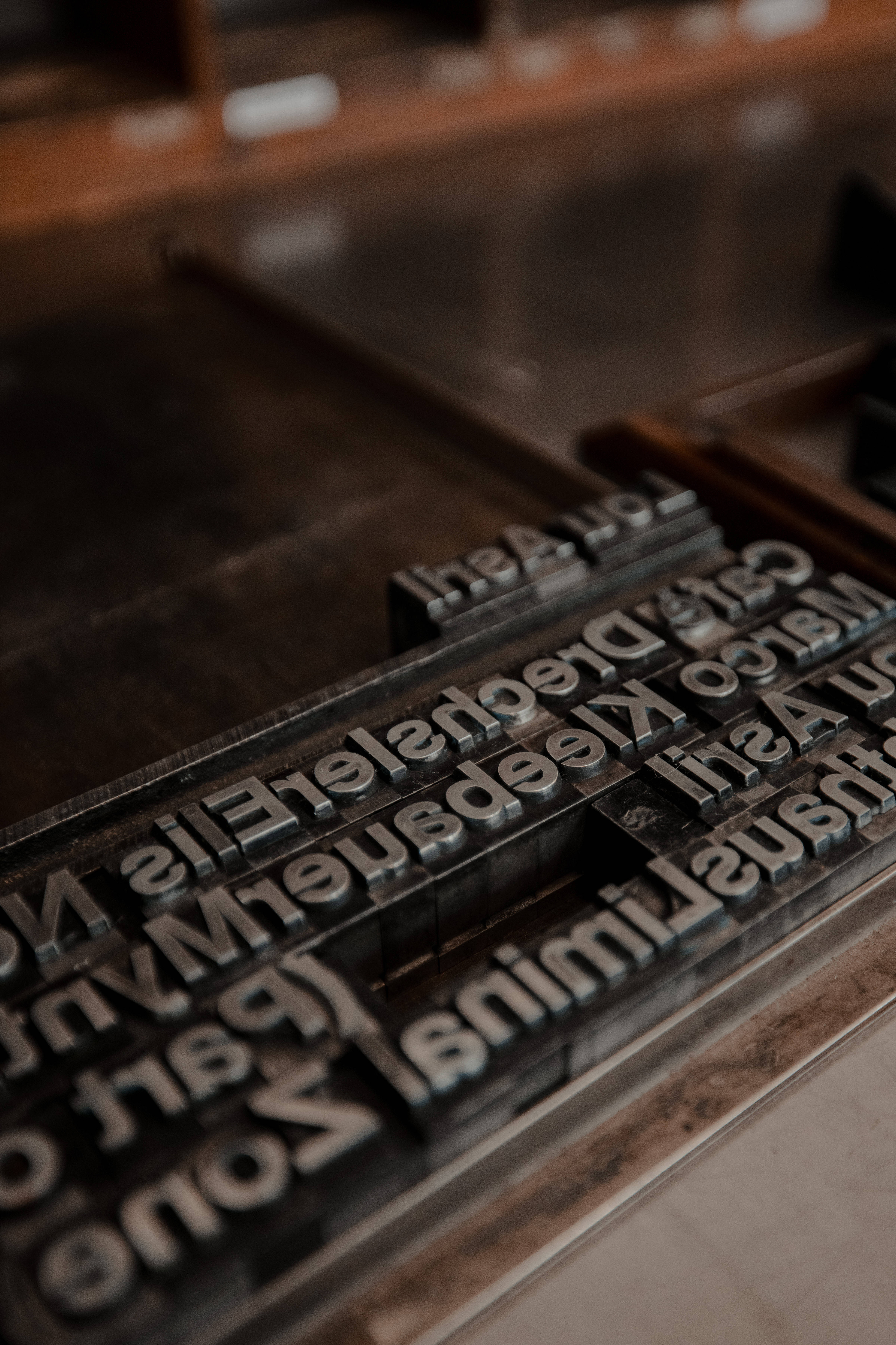letterpress, metal letterpress type blocks, wooden tray, 5K Phone Wallpaper