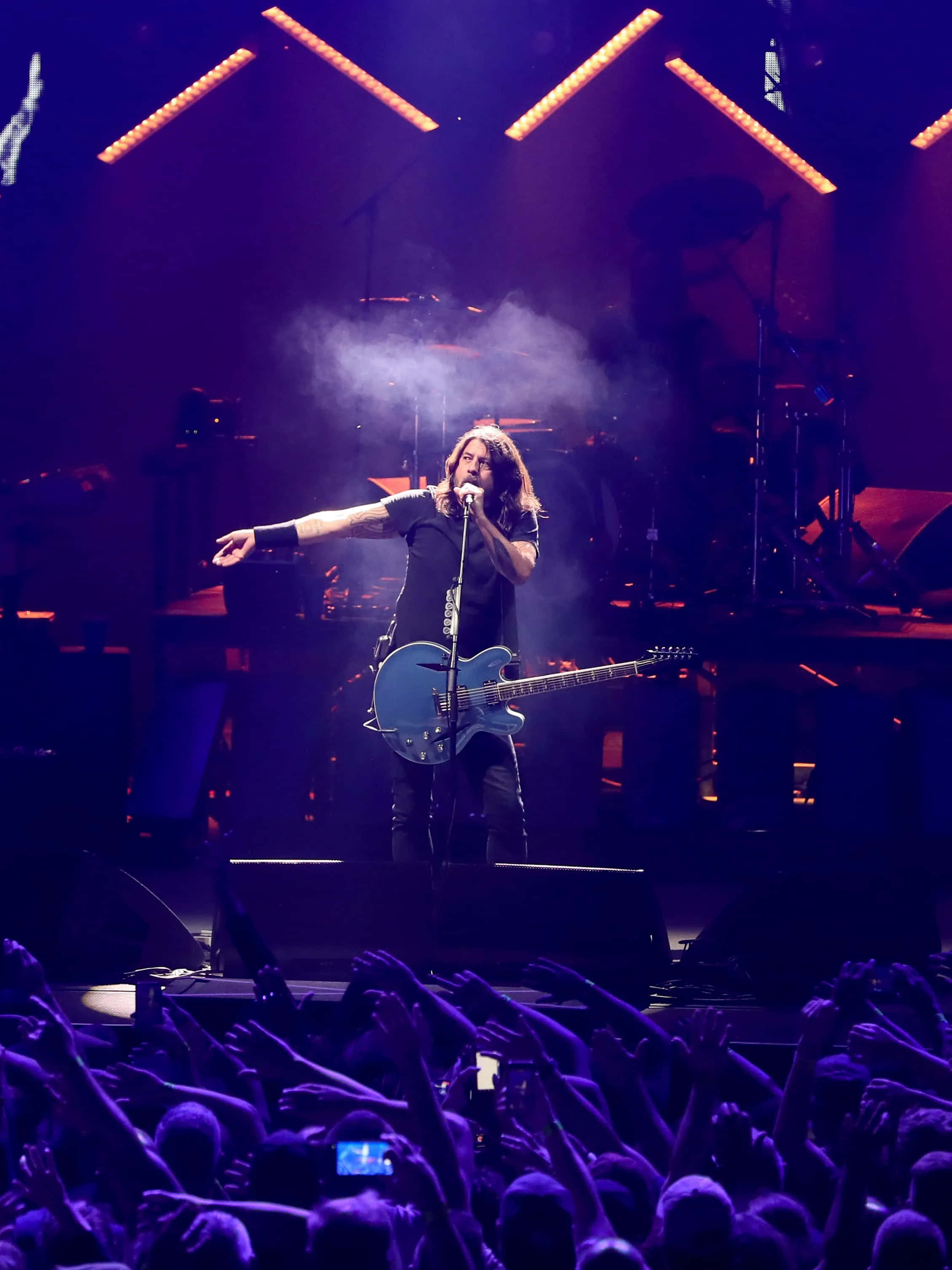 Foo Fighters, blue electric guitar, purple-lit stage, 2K Phone Wallpaper