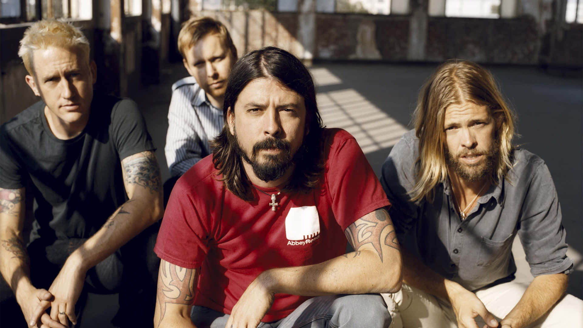 Foo Fighters, band members, sunlit industrial courtyard, Full HD Desktop Wallpaper