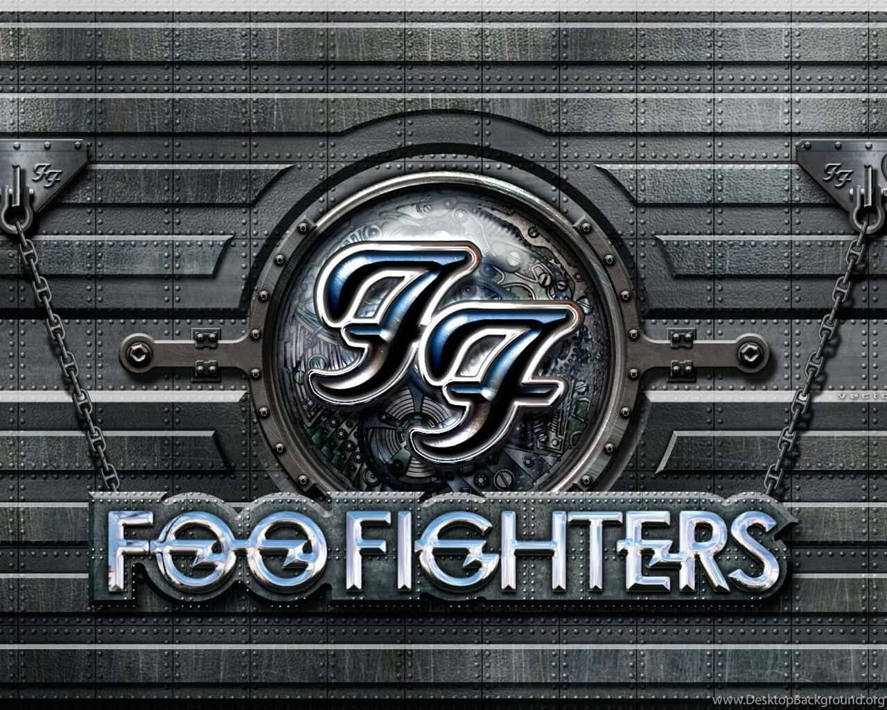 Foo Fighters, metallic chrome, riveted steel door, HD Desktop Wallpaper
