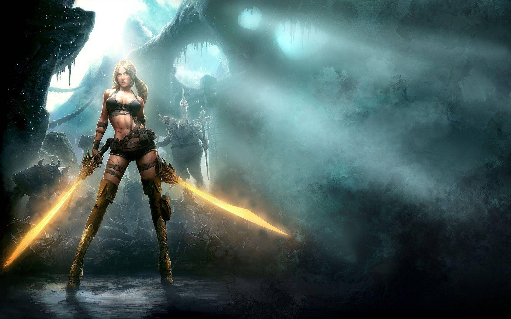 PC Gaming Girl Fighter, glowing swords, misty cavern, HD Desktop Wallpaper