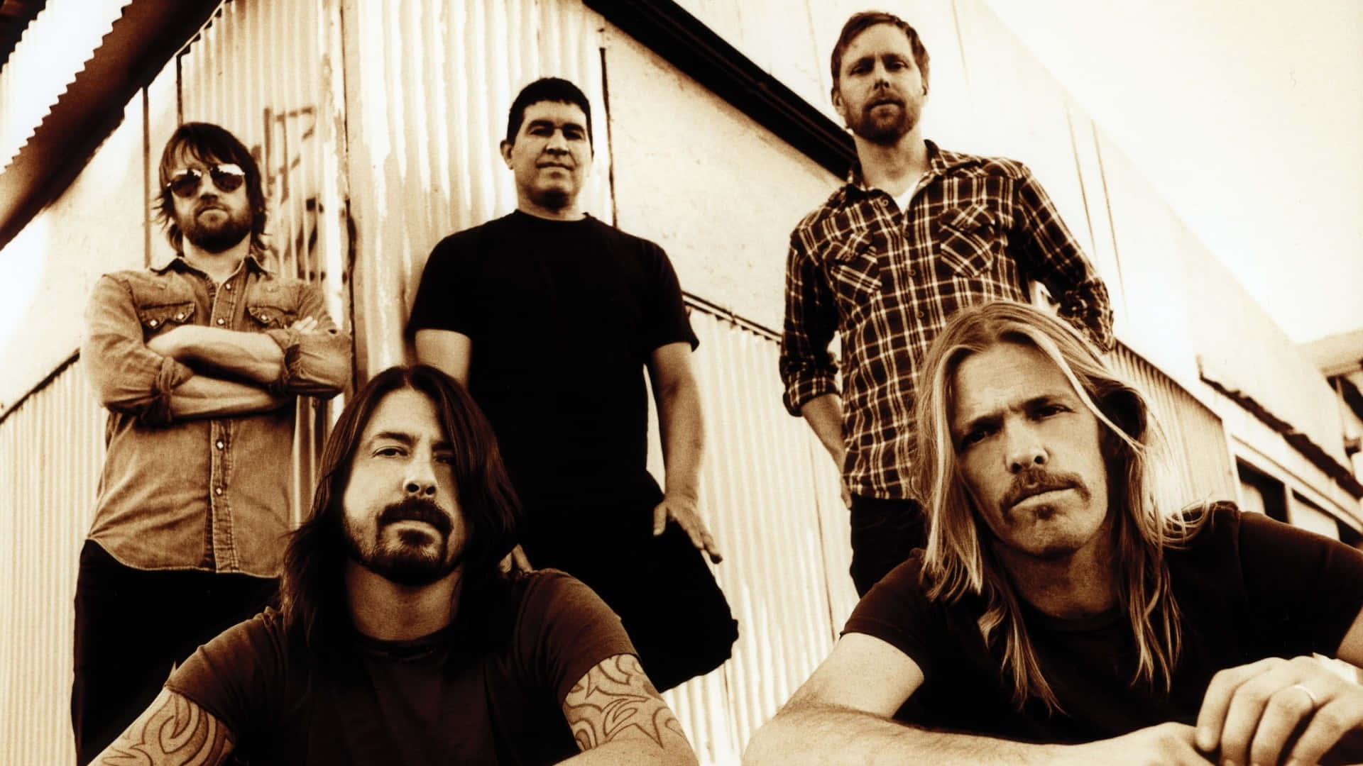 Foo Fighters, sepia tone, corrugated metal wall, Full HD Desktop Wallpaper