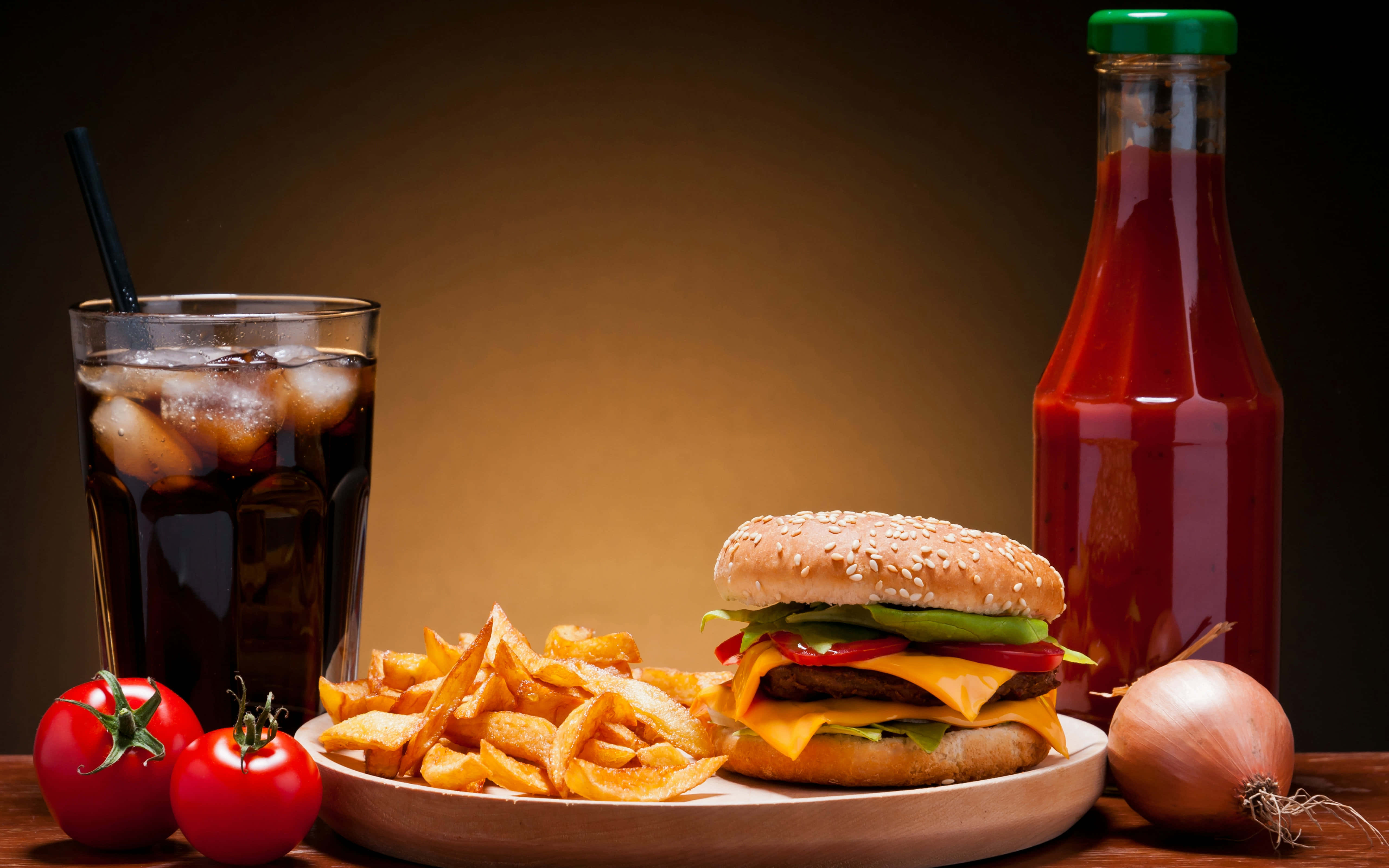 cheeseburger, fries, glass of cola, 5K Desktop Wallpaper