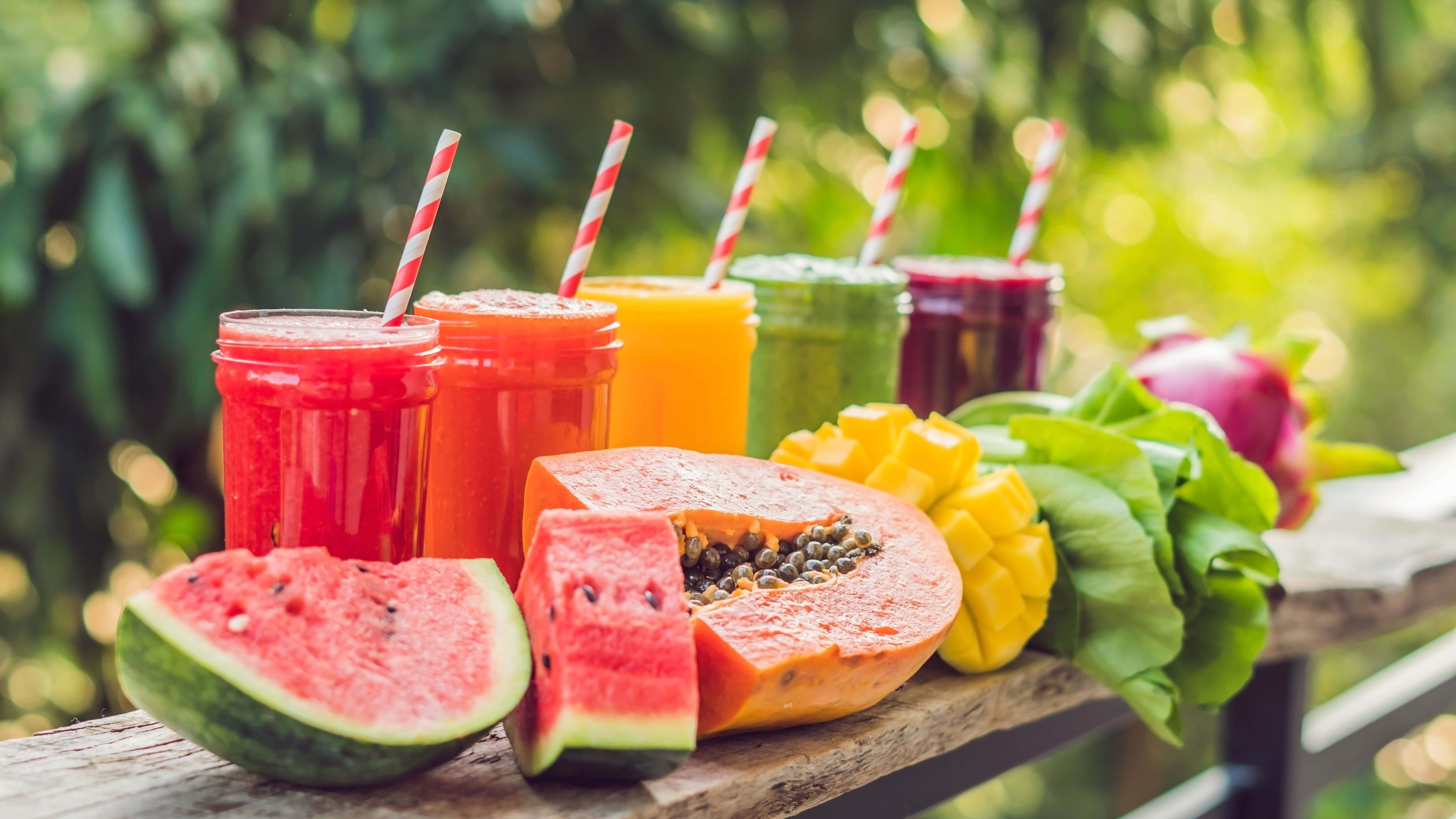 tropical fruit smoothies, glass jars, striped straws, 8K Desktop Wallpaper