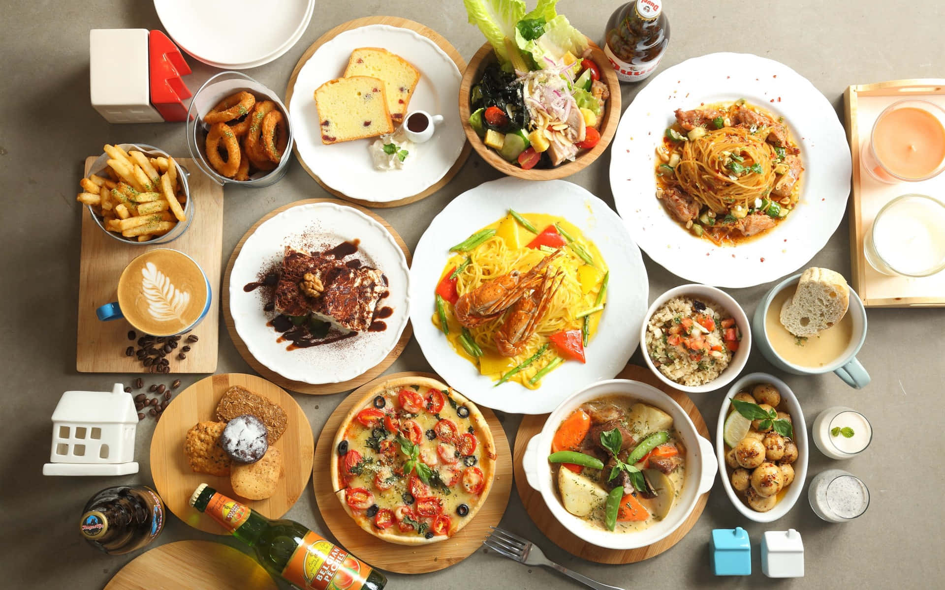pizza, pasta, salad, Full HD Desktop Wallpaper