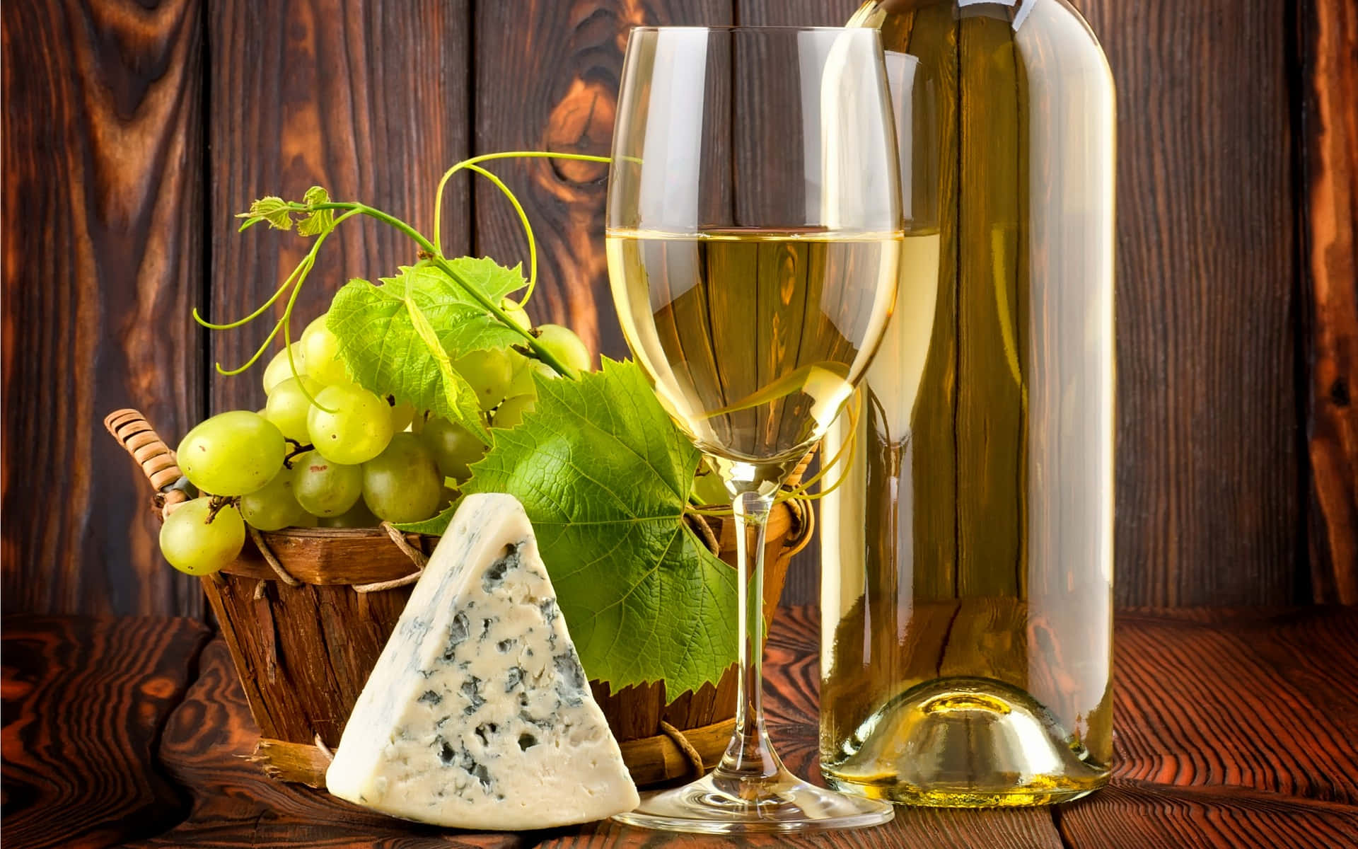 glass bottle, glass of white wine, basket of green grapes, Full HD Desktop Wallpaper