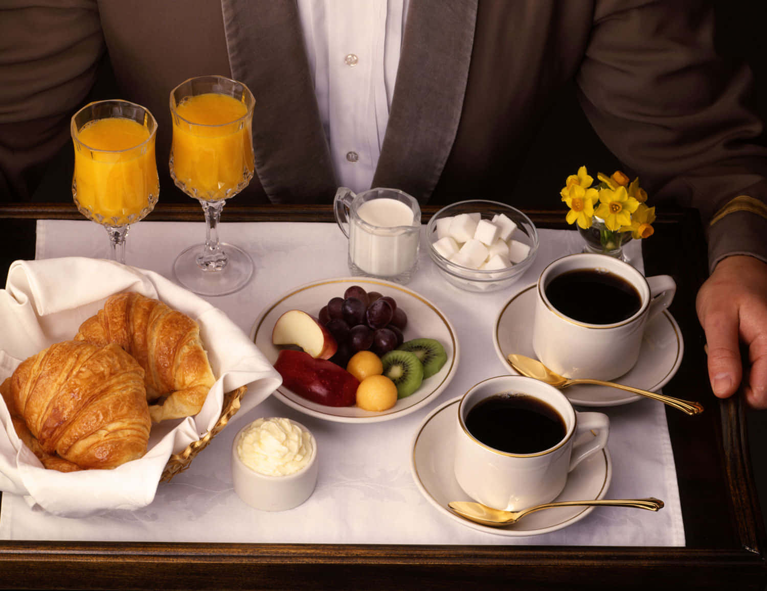 lavish breakfast tray, croissants, fruit, HD Desktop Wallpaper