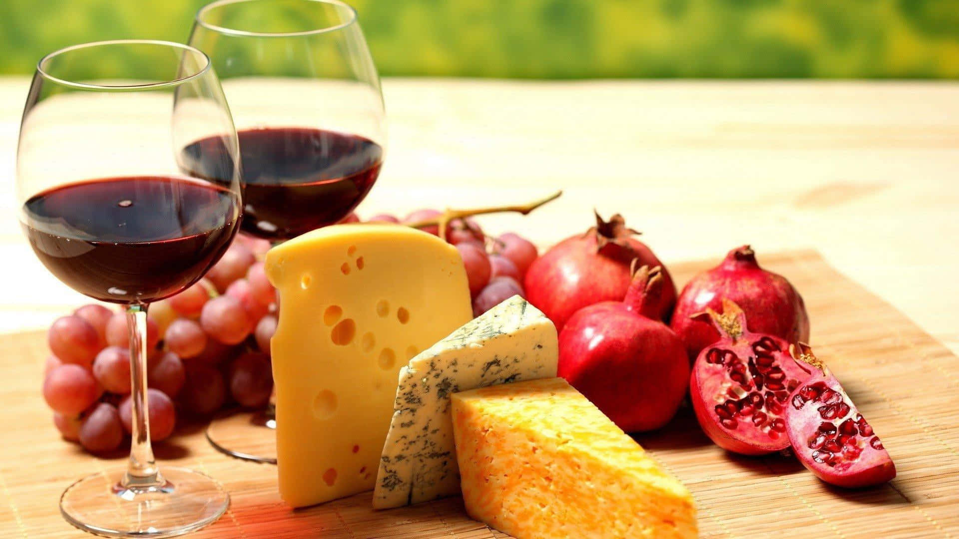 red wine, assorted cheeses, fresh pomegranates, Full HD Desktop Wallpaper