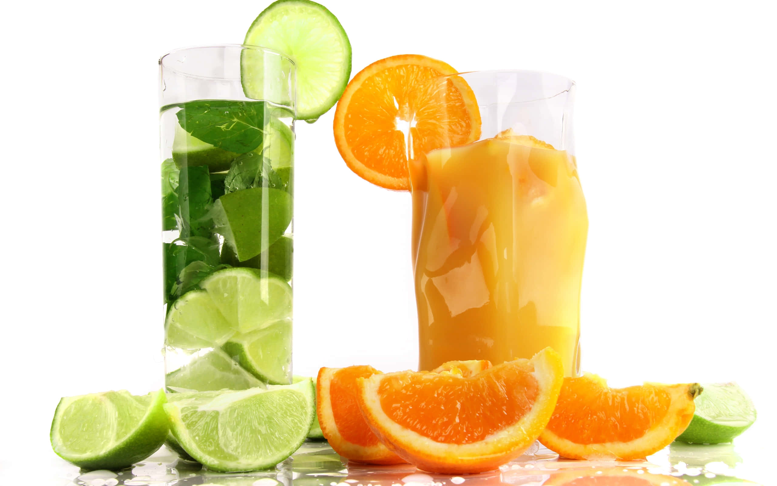 citrus drinks, lime, orange slices, 2K Desktop Wallpaper
