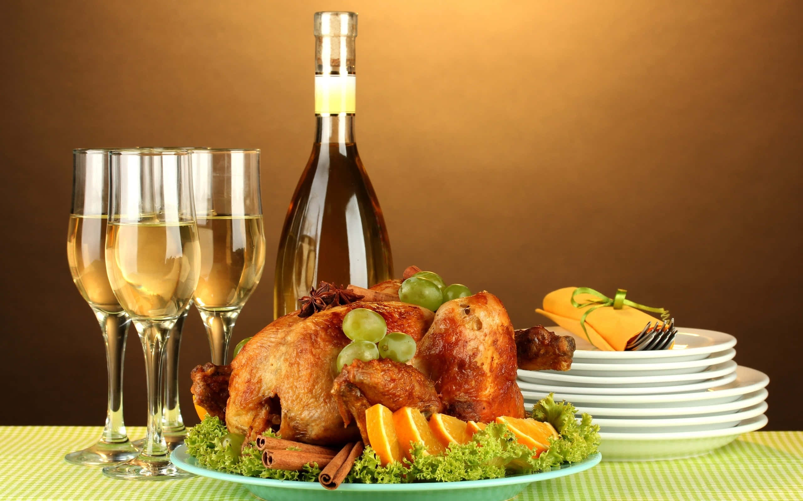 roasted turkey, grapes, oranges, 2K Desktop Wallpaper