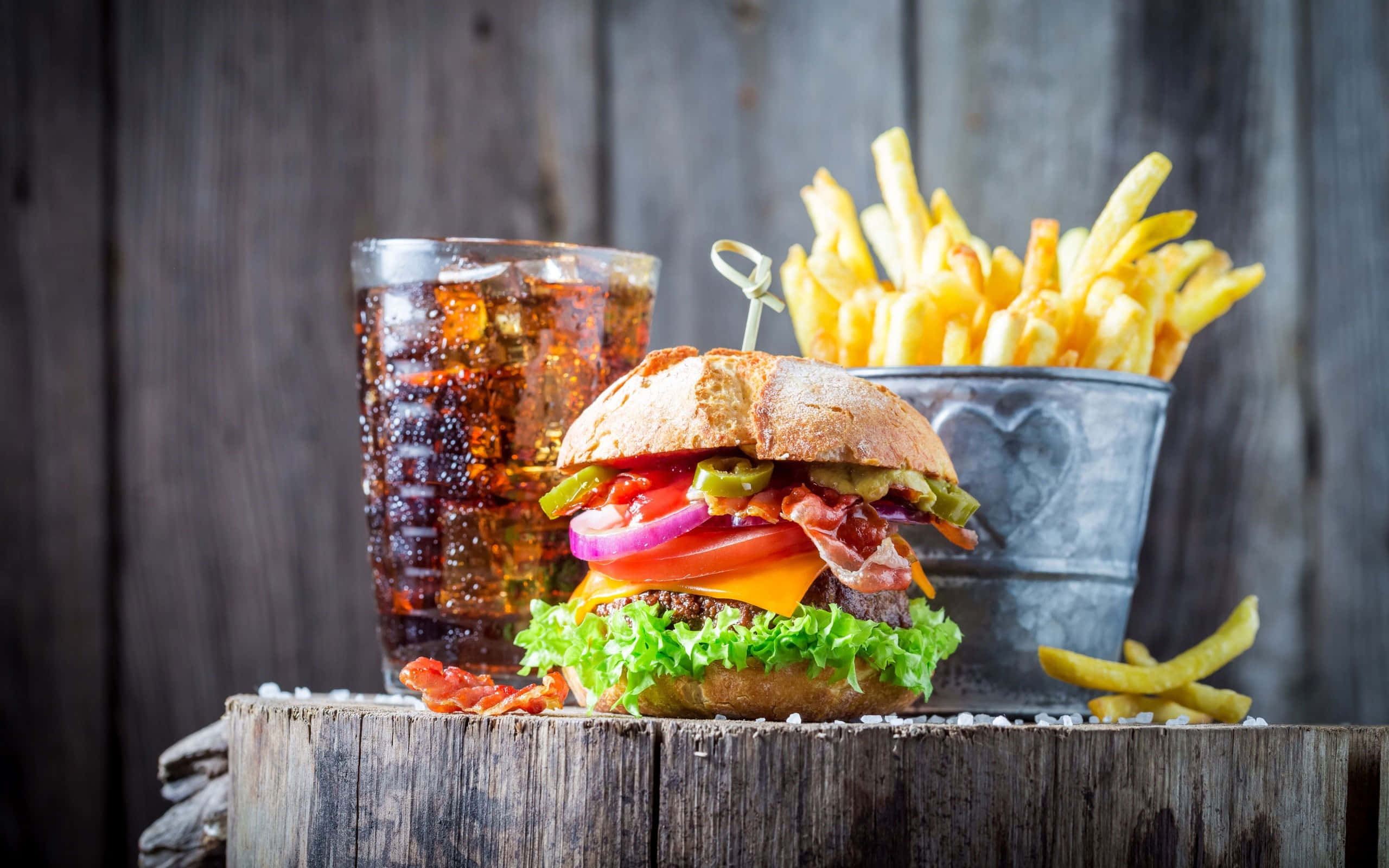juicy burger, bacon cheese tomato and lettuce, crispy fries, 2K Desktop Wallpaper