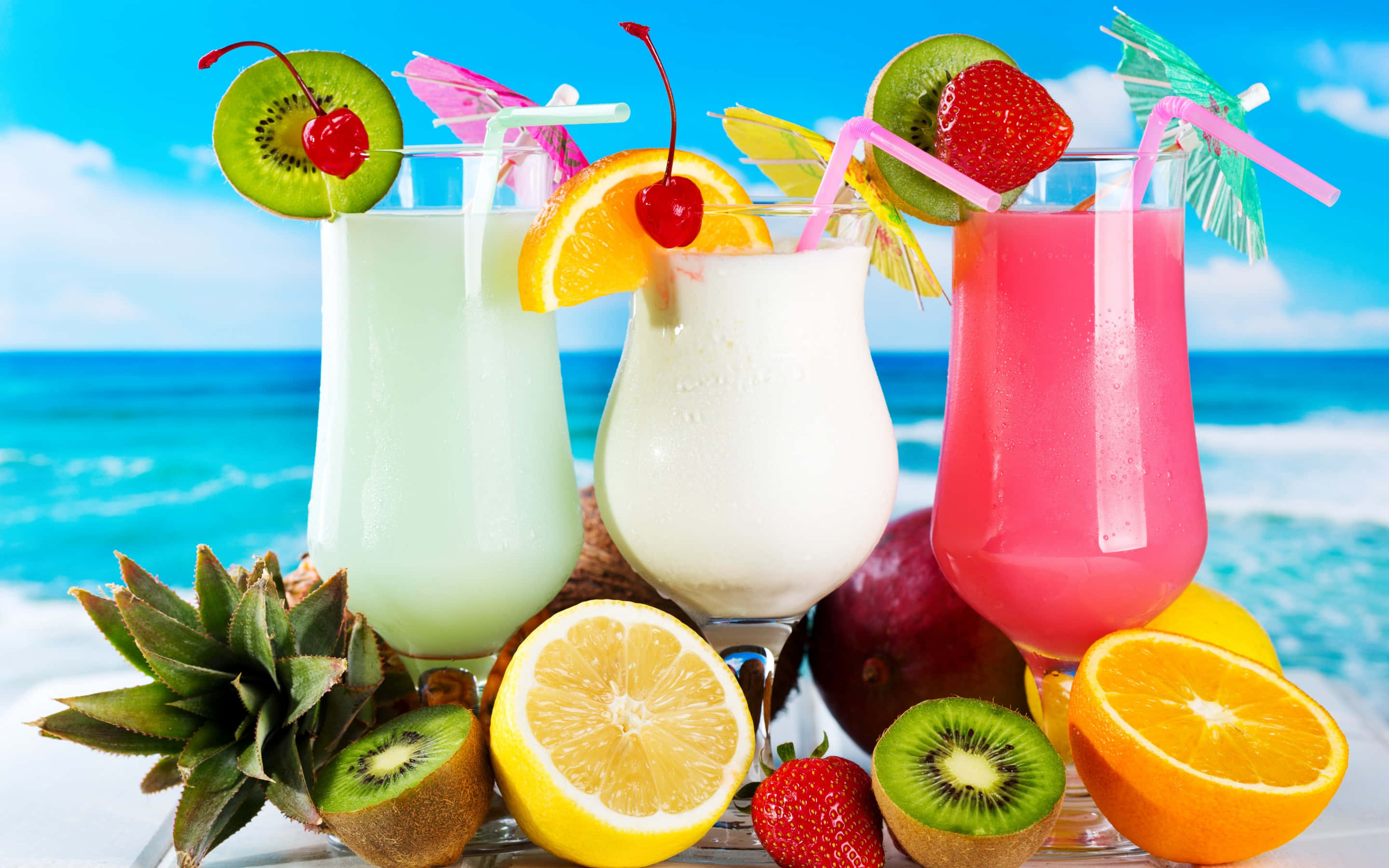 tropical fruit drinks, kiwi cherry, orange garnishes, 2K Desktop Wallpaper