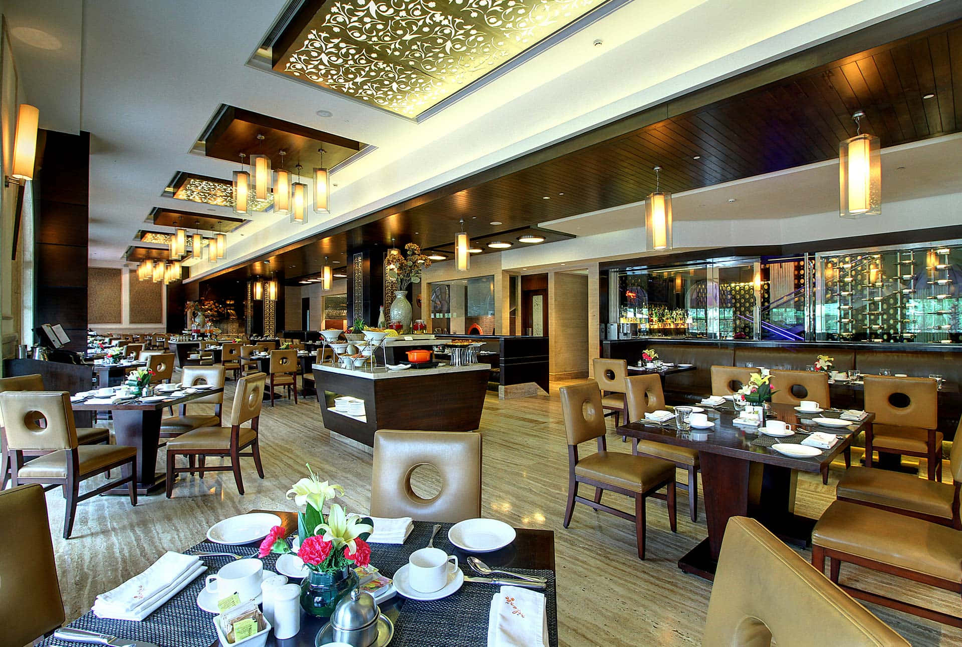 Elegant restaurant interior, wooden tables, wooden chairs, Full HD Desktop Wallpaper