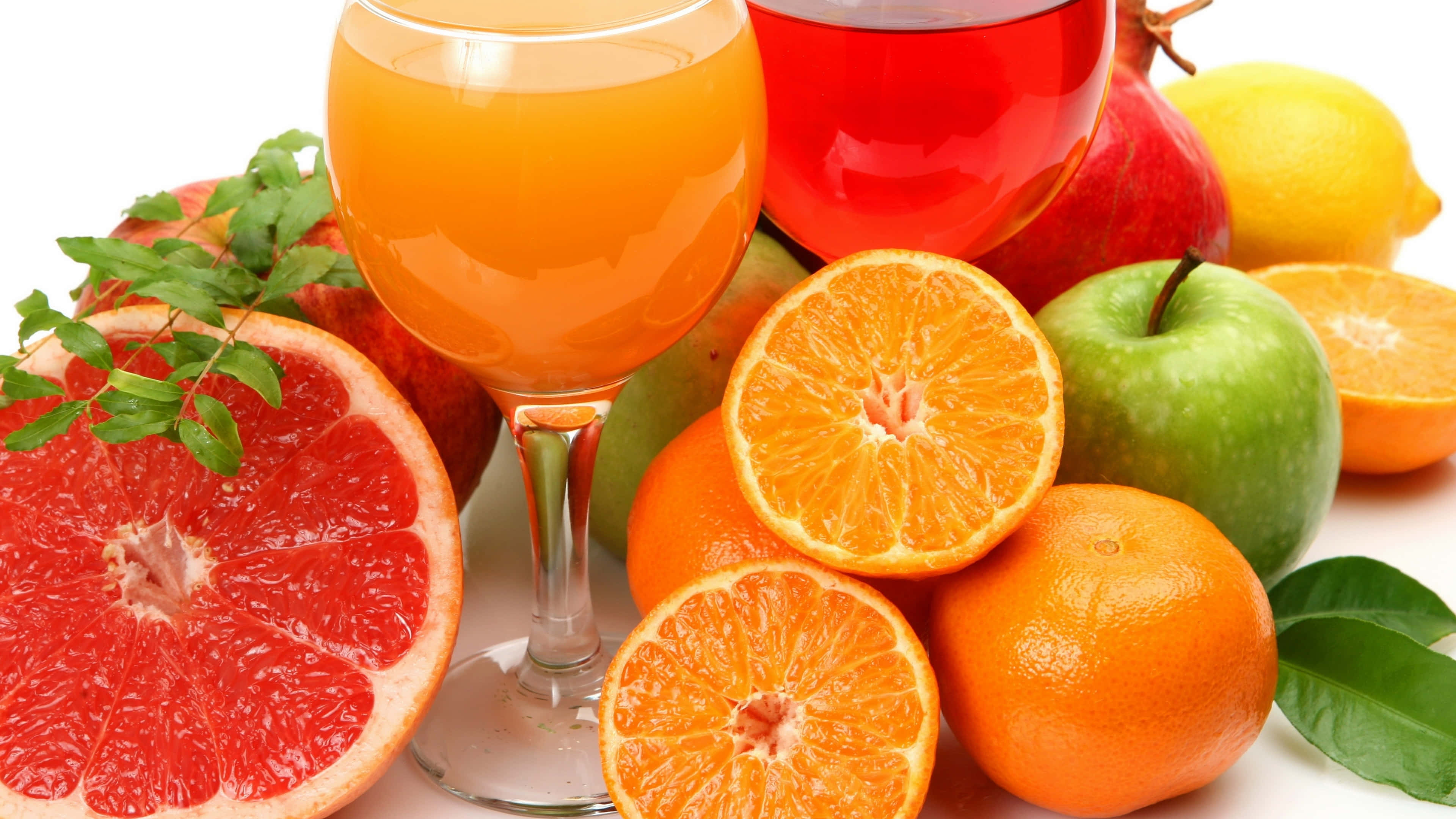 citrus fruits, juices, white background, 4K Desktop Wallpaper